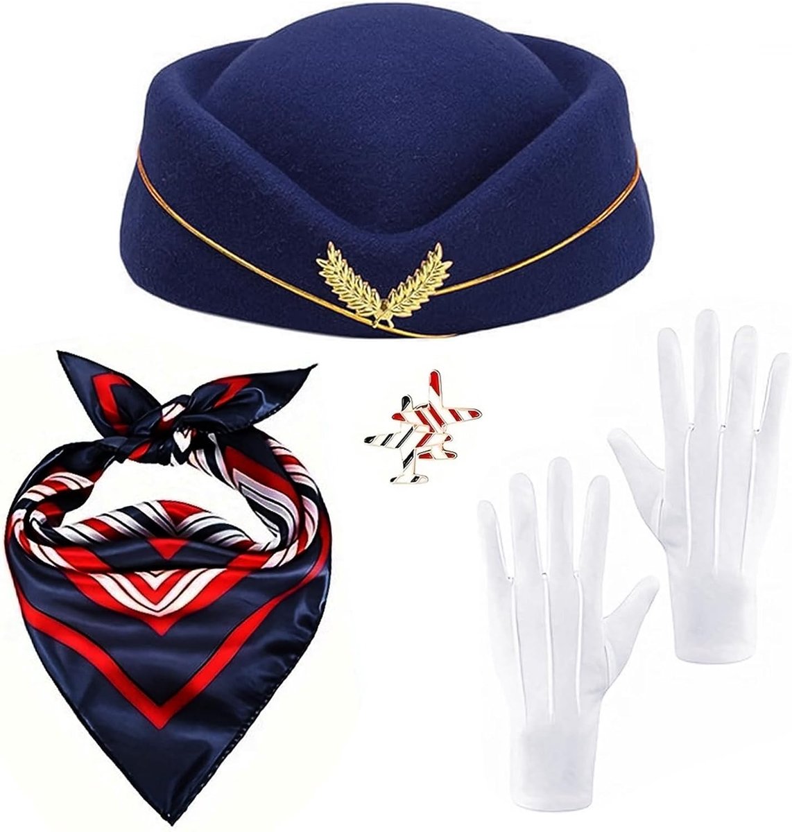 Stewardess-kostuumset, stewardess-muts, sjaal, handschoenen, broches, stewardess-kostuum voor vrouwen, cosplay, kostuumaccessoires voor carnaval, Halloween party, verkleedpartij