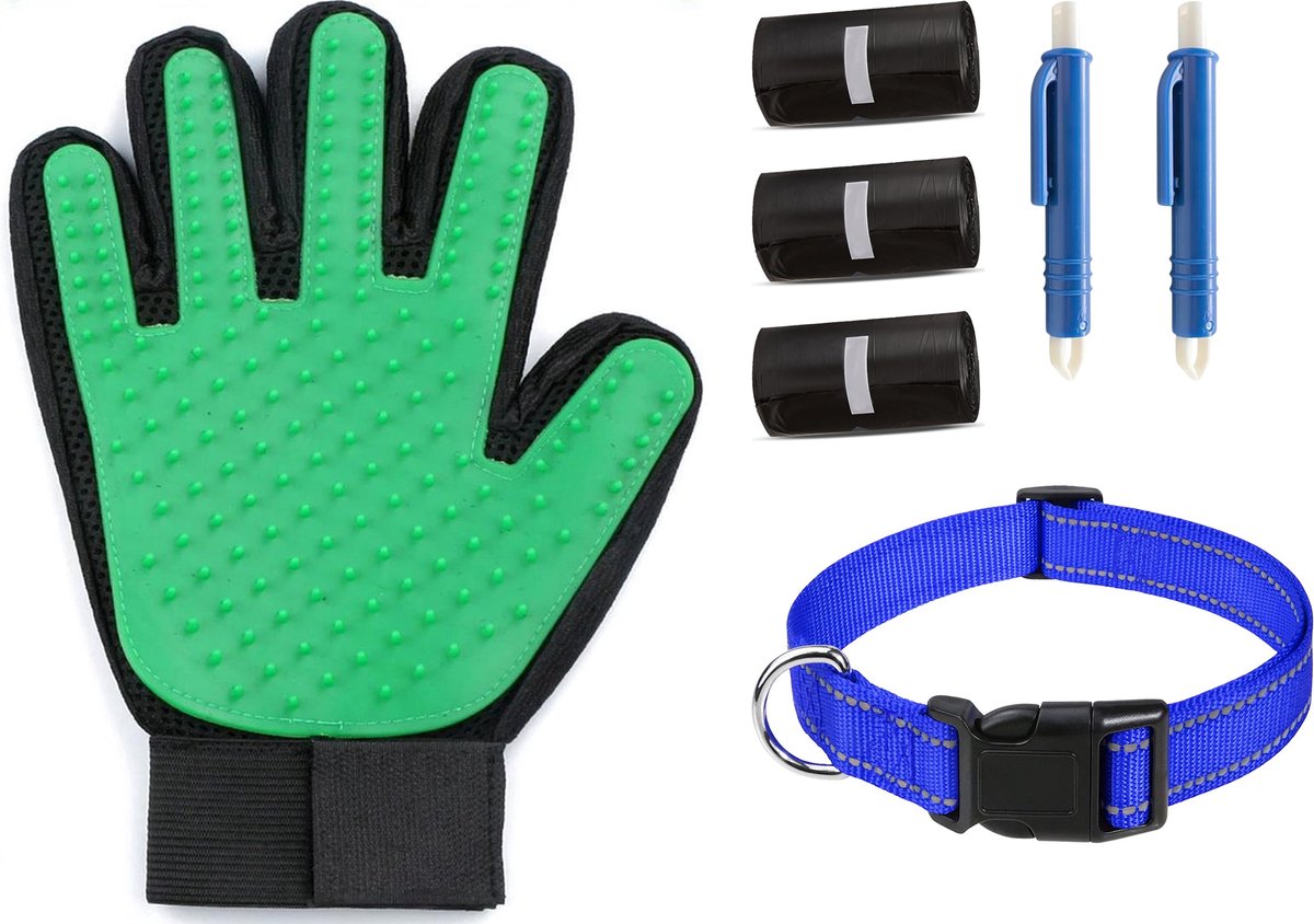 Professor Q Wandelset Hond - Halsband Donkerblauw S 30-40 cm - 45 Poepzakjes - 2 Blauwe Tekenpincetten - Vachthandschoen Groen