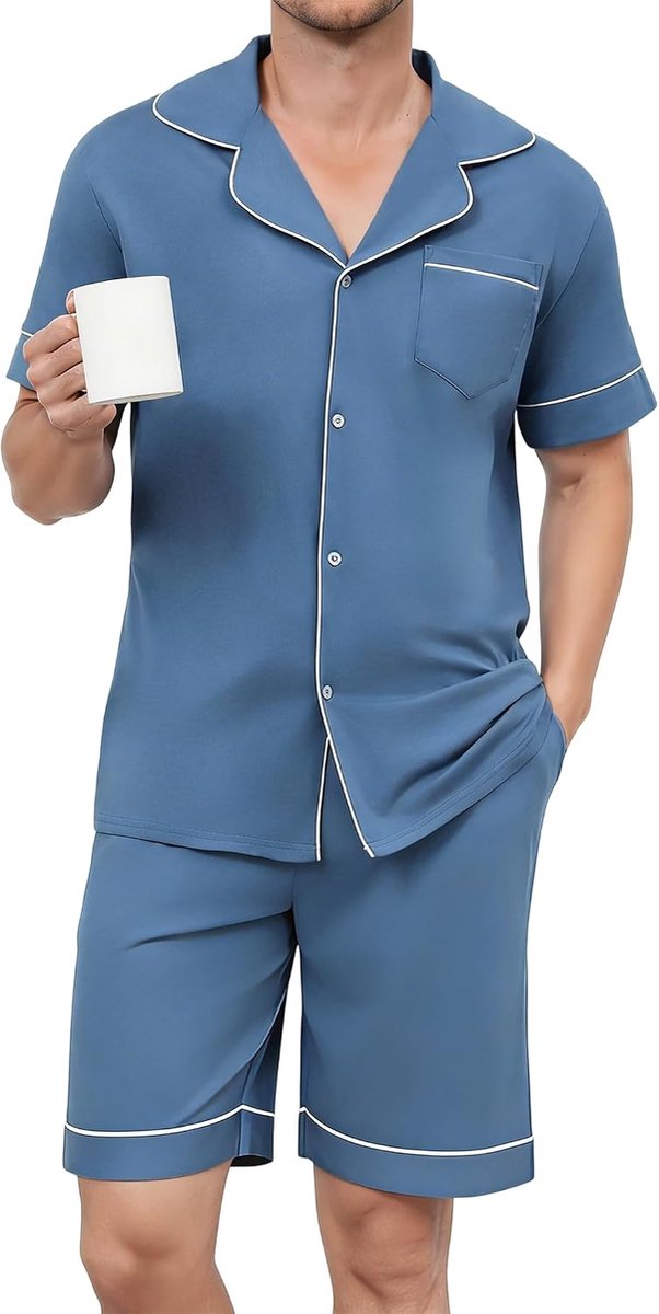 Pyjama heren katoen Korte pyjama voor heren, pyjamaset met V-hals, T-shirt en pyjamabroek, tweedelige set met knoopsluiting, loungewearset en zakken