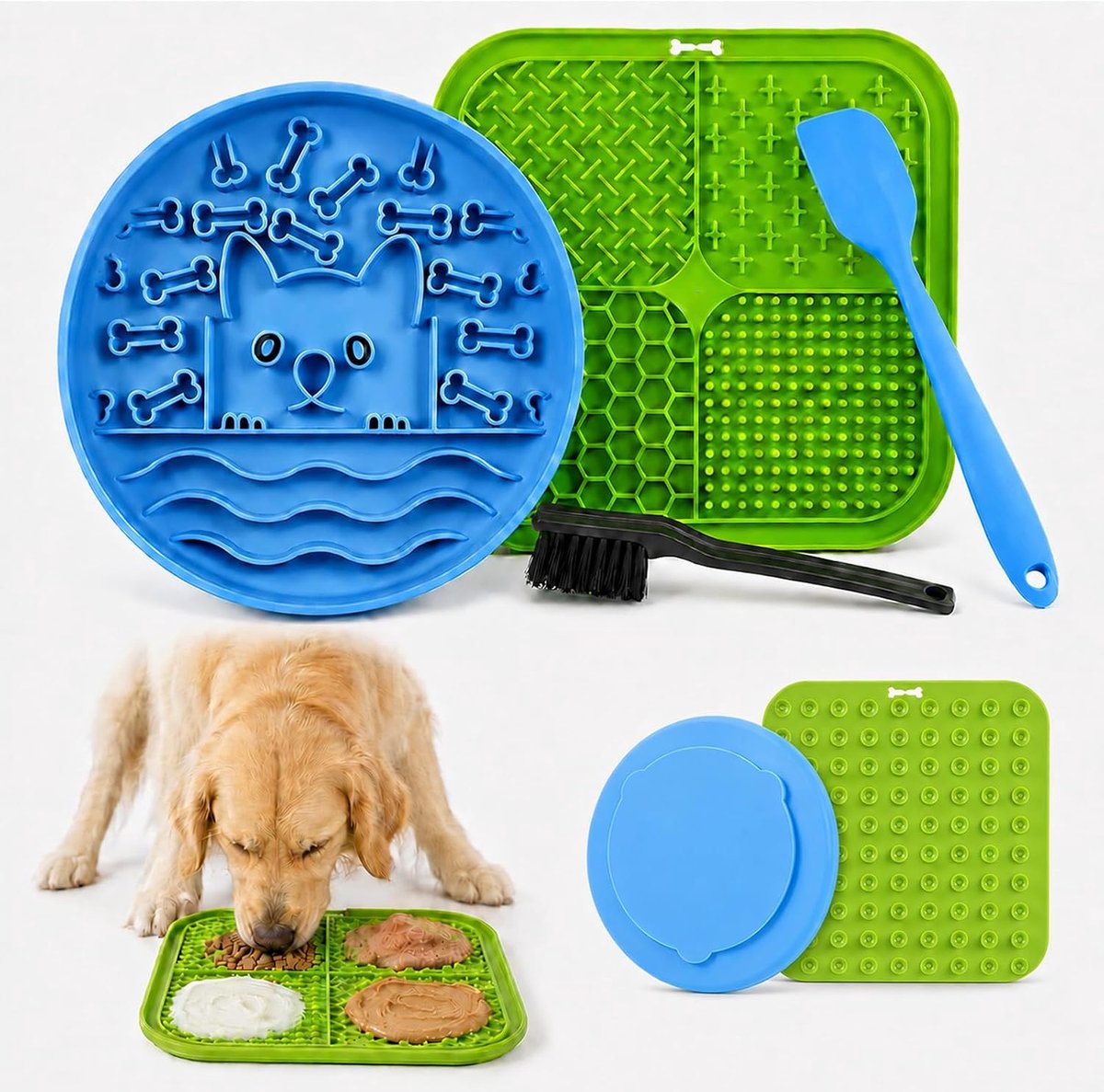 Lekmat voor honden, 4-delige set, anti-loopbak voor honden met zuignap, siliconen spatel en borstel, lekmat voor honden en katten, anti-slik voermat voor voeding, training en baden (blauw en groen 1)
