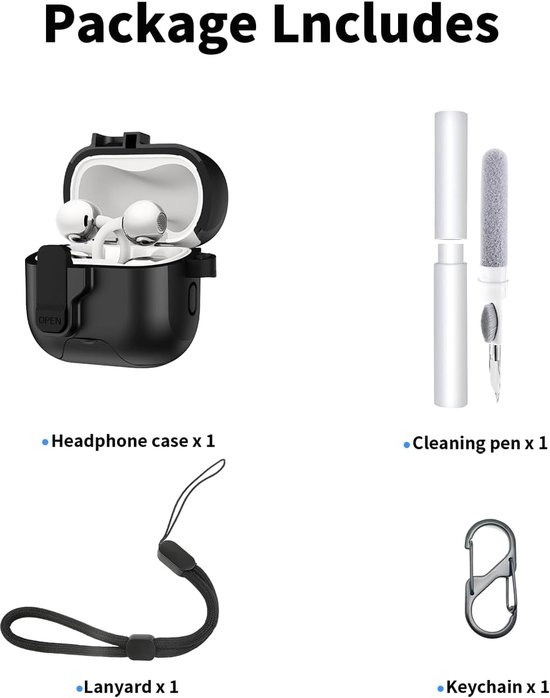 Hoes voor Huawei FreeClip 2 oordopjes, zachte TPU transparante cover, waterdicht, schokbestendig, krasbescherming, eenvoudig te dragen, met koord & sleutelhanger en reinigingsset (zwart) — afbeelding 4