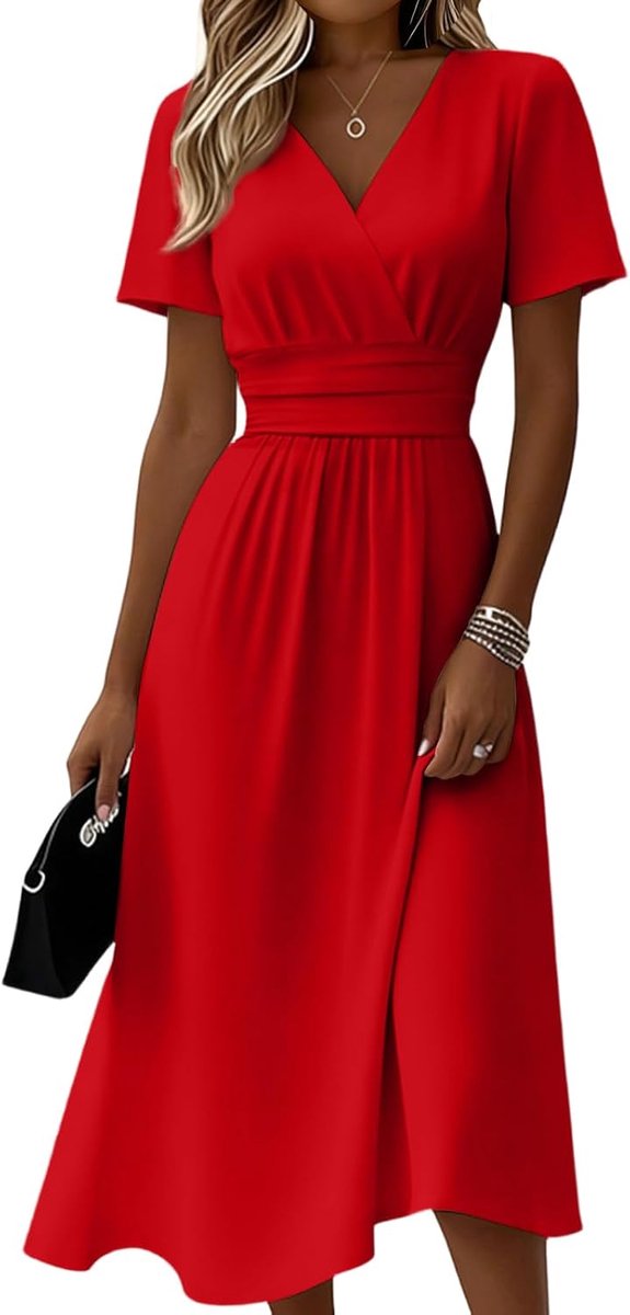 Kleider Damen Sommer Lang Tailliert Sommerkleid Damen Elegant Midi Kleid A Linie Festlich Curvy Sommerkleider Leicht Und Luftig Midikleid Frauen V Ausschnitt Kurzarm Strandkleid