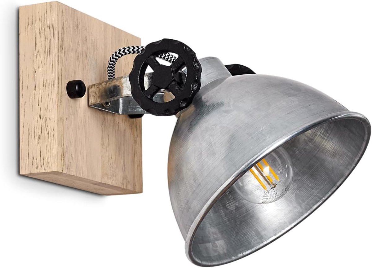 Wandlamp Svanfolk, wandlamp van metaal en hout in zilver/bruin, 1-lamp, met verstelbare spot, 1 x E14 fitting, retro/vintage design, zonder gloeilampen