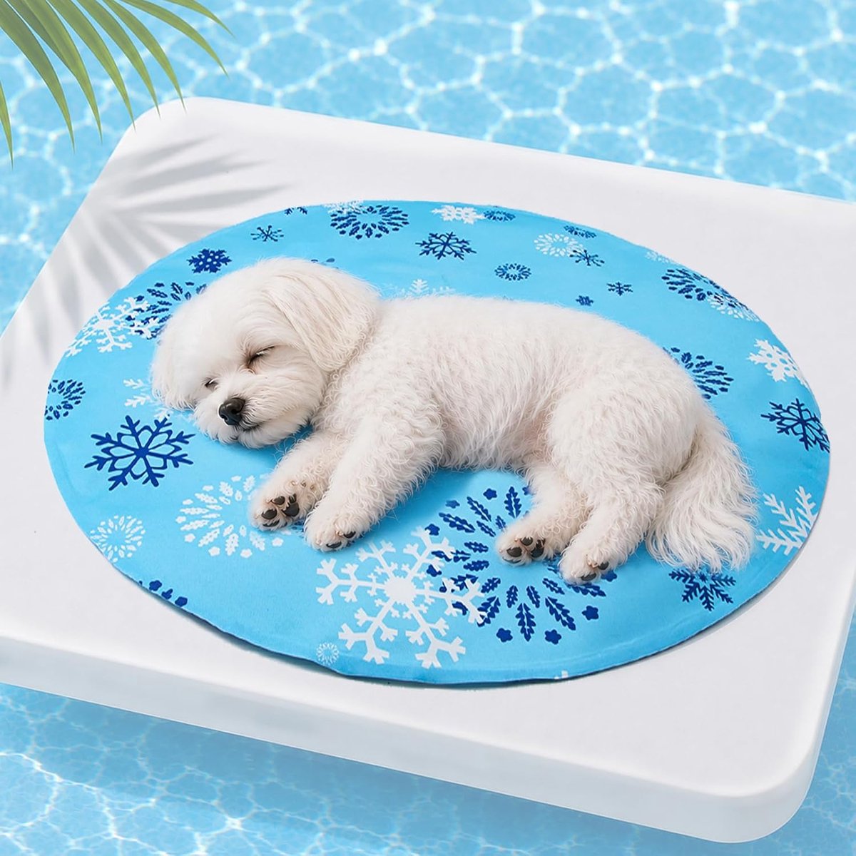 Koelmat voor honden, 47 cm, rond, zelfkoelende hondenkoelmat voor kleine honden en katten, waterdichte koeldeken met koelgel (sneeuwvlok)