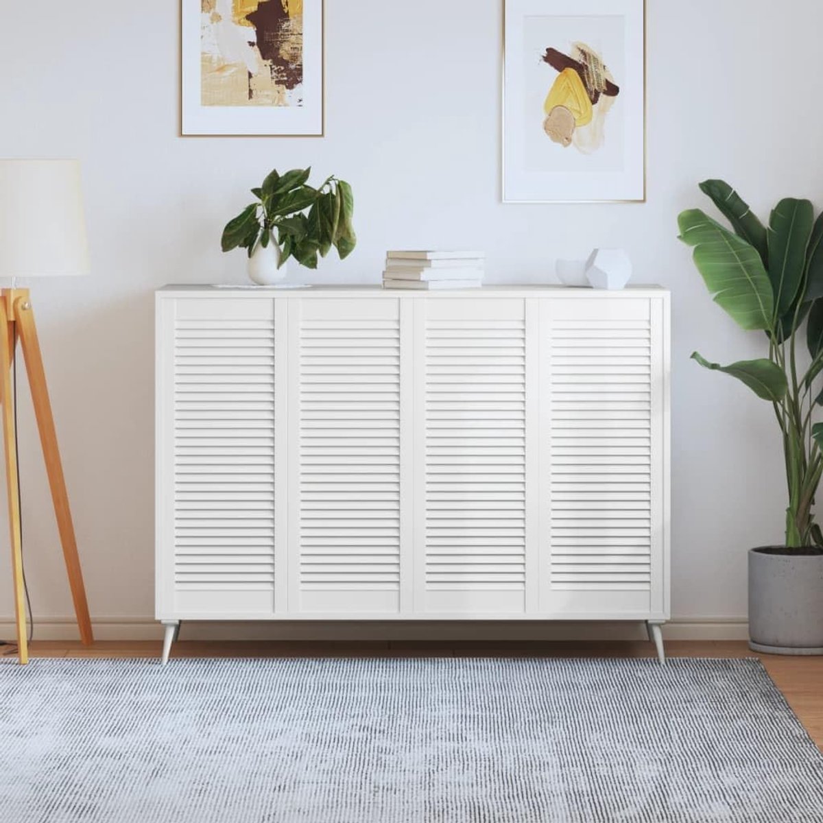 Lamellendeuren, set van 4 massief grenenhout, kastdeuren met lamellendesign voor meubelbouw, wit gelakt, 99,3 x 39,4 cm