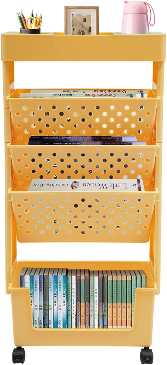 Boekenkast met 5 niveaus, opbergrek, 37,5 x 15 x 78 cm, PP + ABS, opbergwagen voor woonkamer, keuken, slaapkamer, kantoor (oranje)