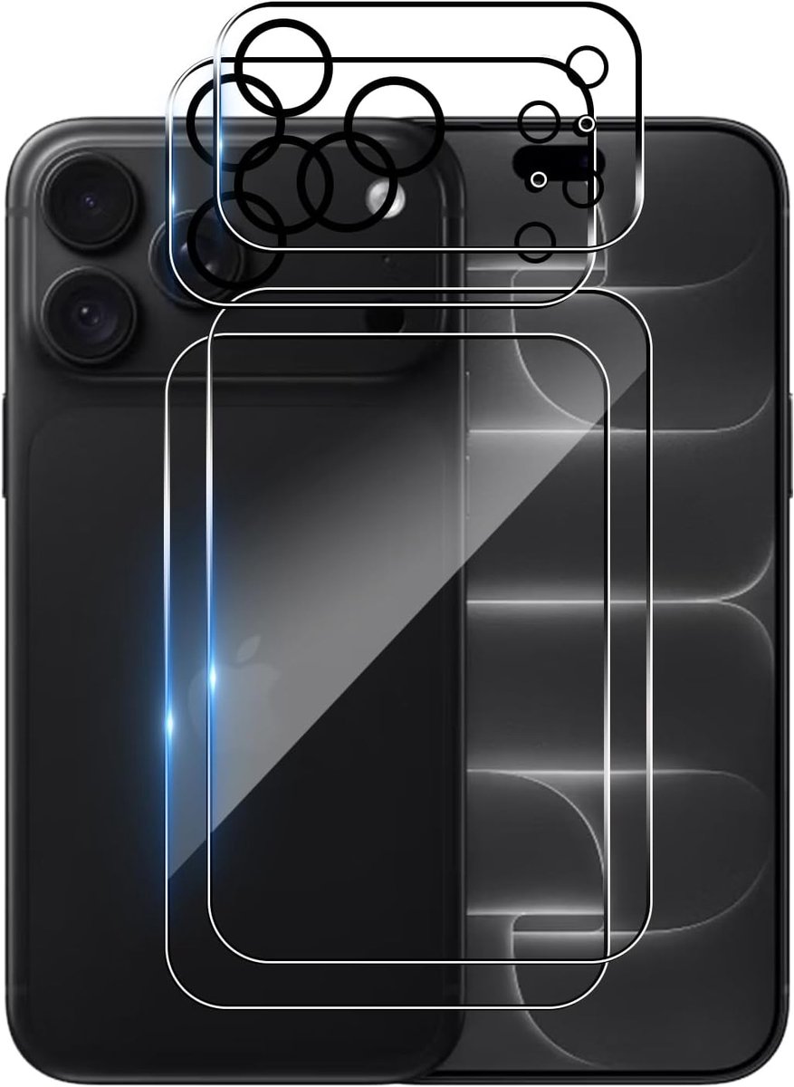 Beschermfolie voor iP 18 Pro Max voor pantserglas, 2 stuks achterzijde pantserfolie en 2 stuks camerabescherming, 9H hardheid, anti-kras, anti-luchtbellen, HD heldere displaybeschermfolie