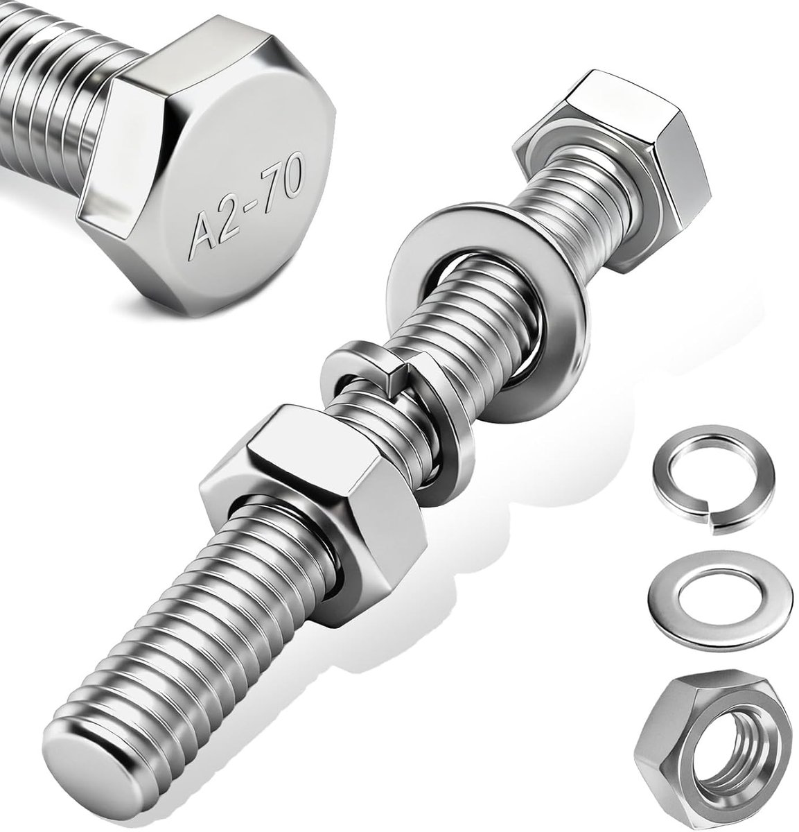 Zeskantschroeven en moeren, M8 x 80 mm, 10 stuks zeskantschroeven van roestvrij staal A2 V2A, DIN 933 bouten en moeren sluitringen set - voor machines, auto's, meubels, fietsen, motorfietsen