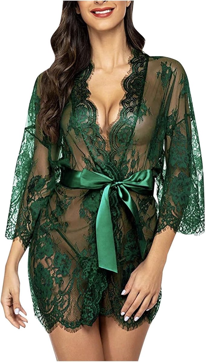 Dames lange mouwen kanten riem sexy lingerie pyjama nachtkleding