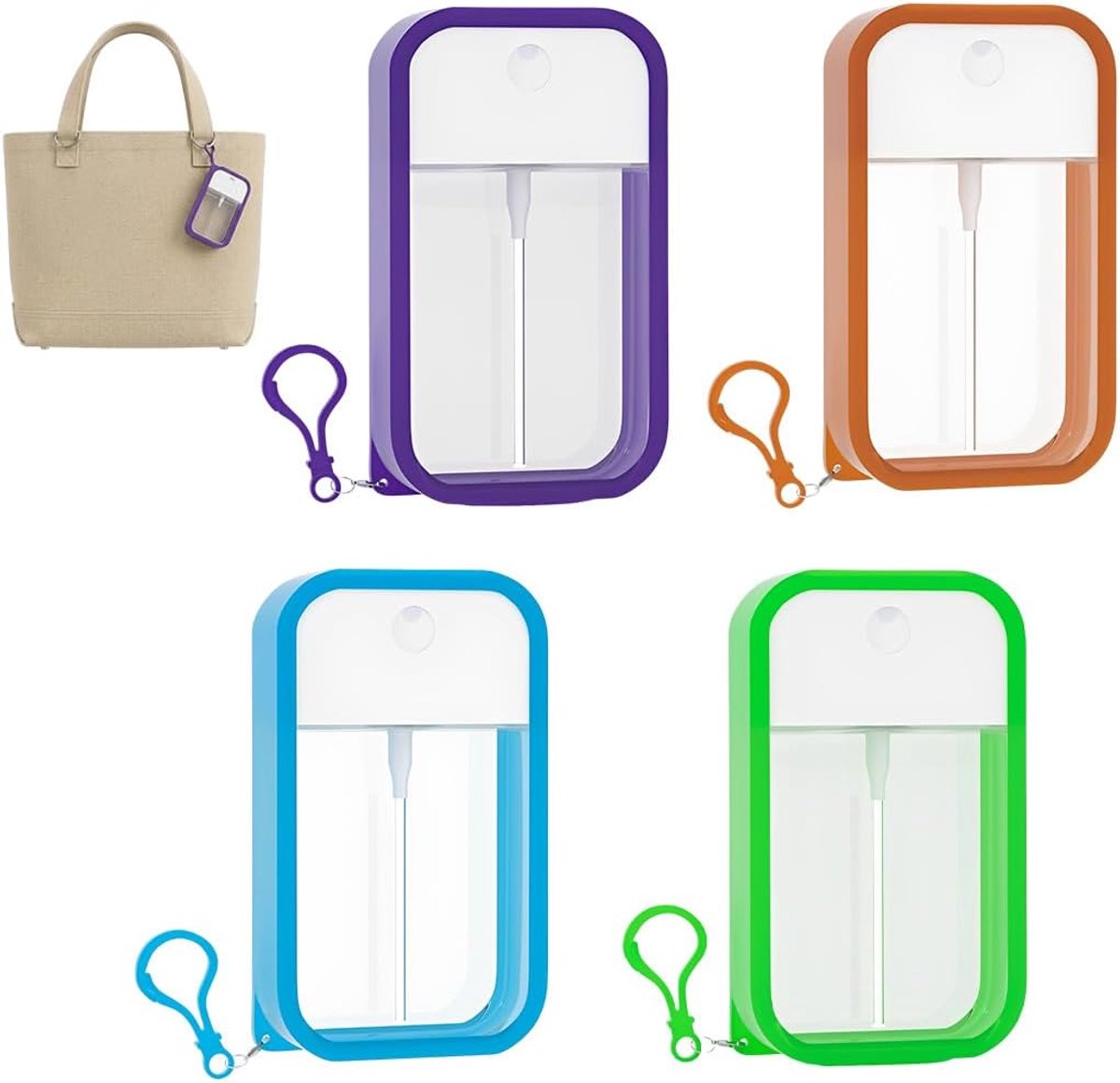 4 stuks spuitfles voor op reis, 50 ml, met siliconen hoes, sleutelhanger, paars, groen, fluorescerend, hemelsblauw, oranje