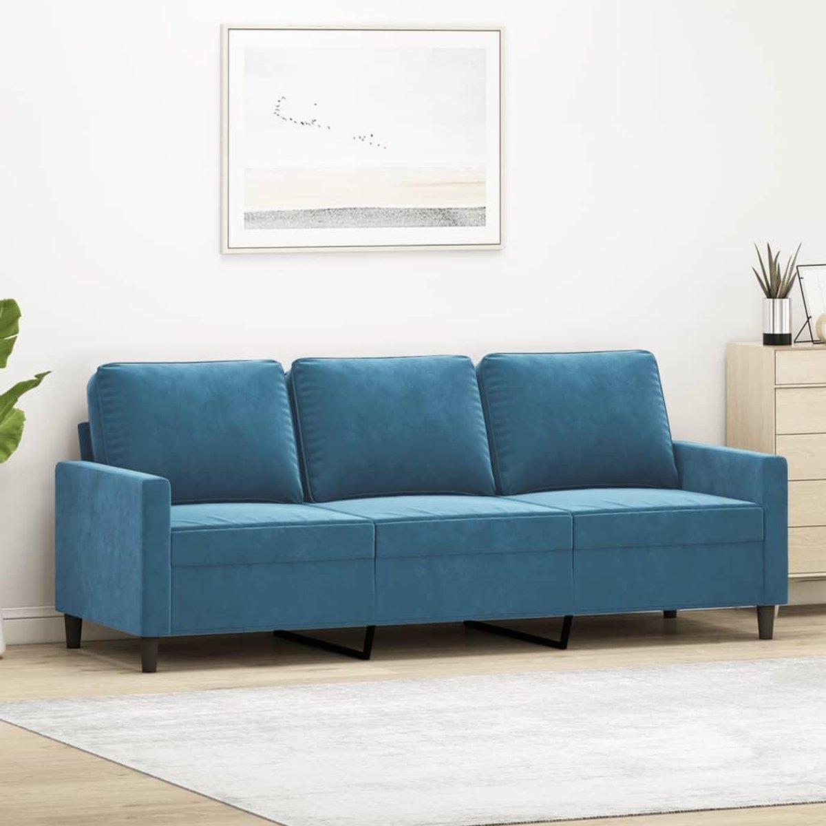 3-zitsbank, blauw, 180 cm, fluweel, modern gestoffeerd meubilair met metalen frame voor de woonkamer. Deze 180 cm brede blauwe fluwelen bank biedt uitstekend comfort met zachte bekleding