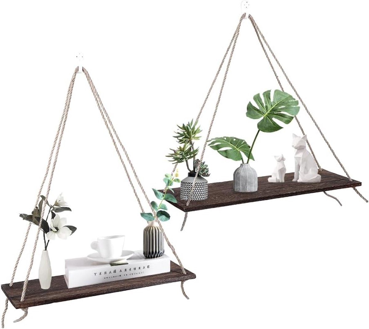Zwevende wandplank, muur opknoping rek plant bloempot planken met haken driehoekig touw moderne decoratie (retro kleur)