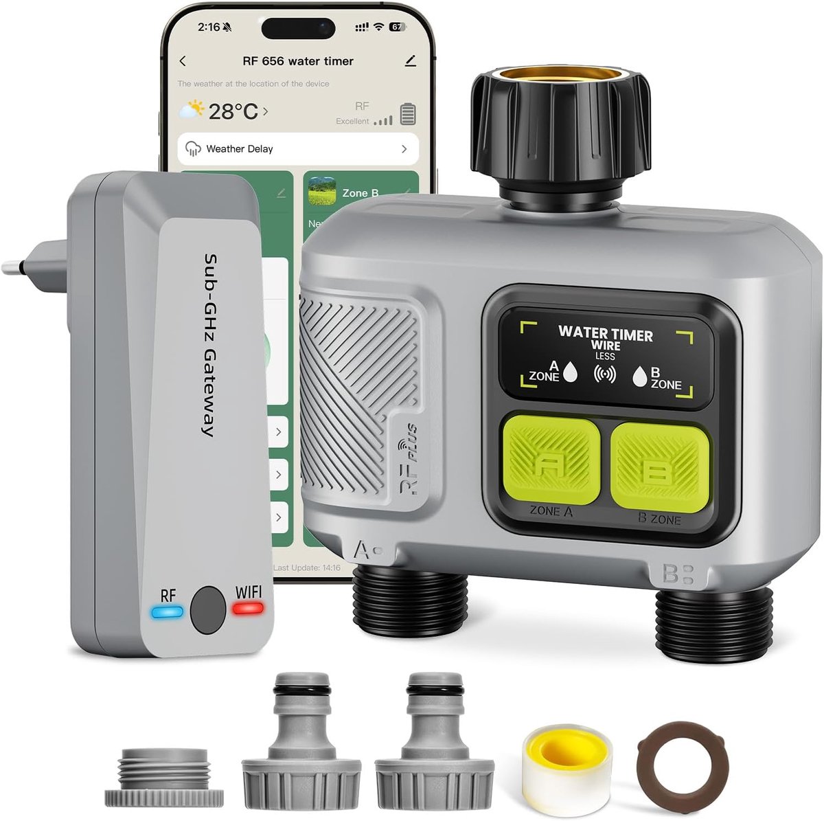 Wifi-irrigatiecomputer met 2 uitgangen, slimme irrigatieklokset (300 m bereik RF), app/spraakbediening, regenvertraging, automatische tuinirrigatie voor gazon, tuin, balkon