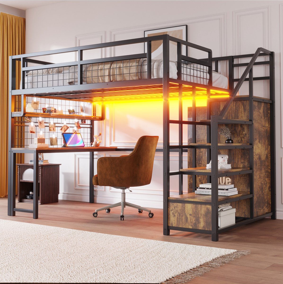 WUVRIE Hoogslaper 140x200 cm met bureau, opbergtrap, kledingopberging, verlichting en stopcontact, zwart