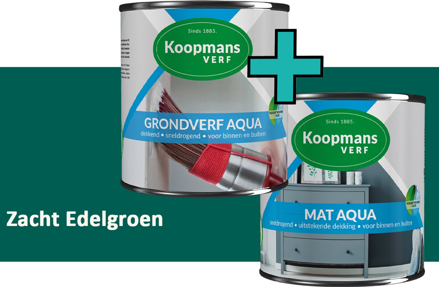 Koopmans Grondverf Aqua en Mat Aqua - grondverf en lakverf set - Zacht Edelgroen - 2x – 750 ml