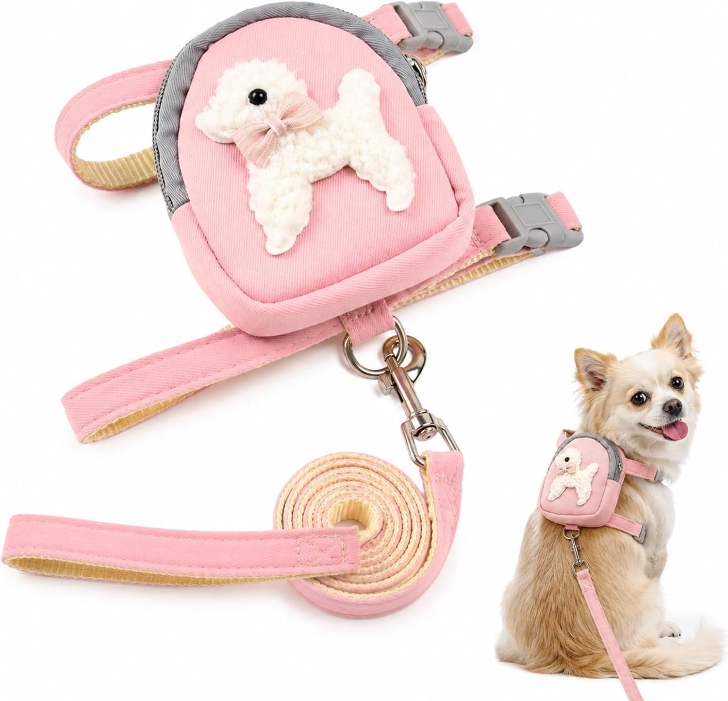 Hondenharnas voor katten en kleine honden, roze, eenheidsmaat (2-6 kg), ademend mesh, inclusief riem voor veilige wandelingen.