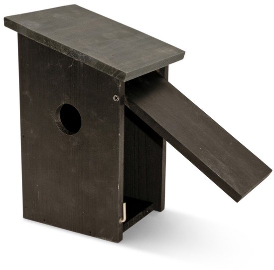 Zwart houten vogelhuisje met een open zijpaneel en rond invlieggat.