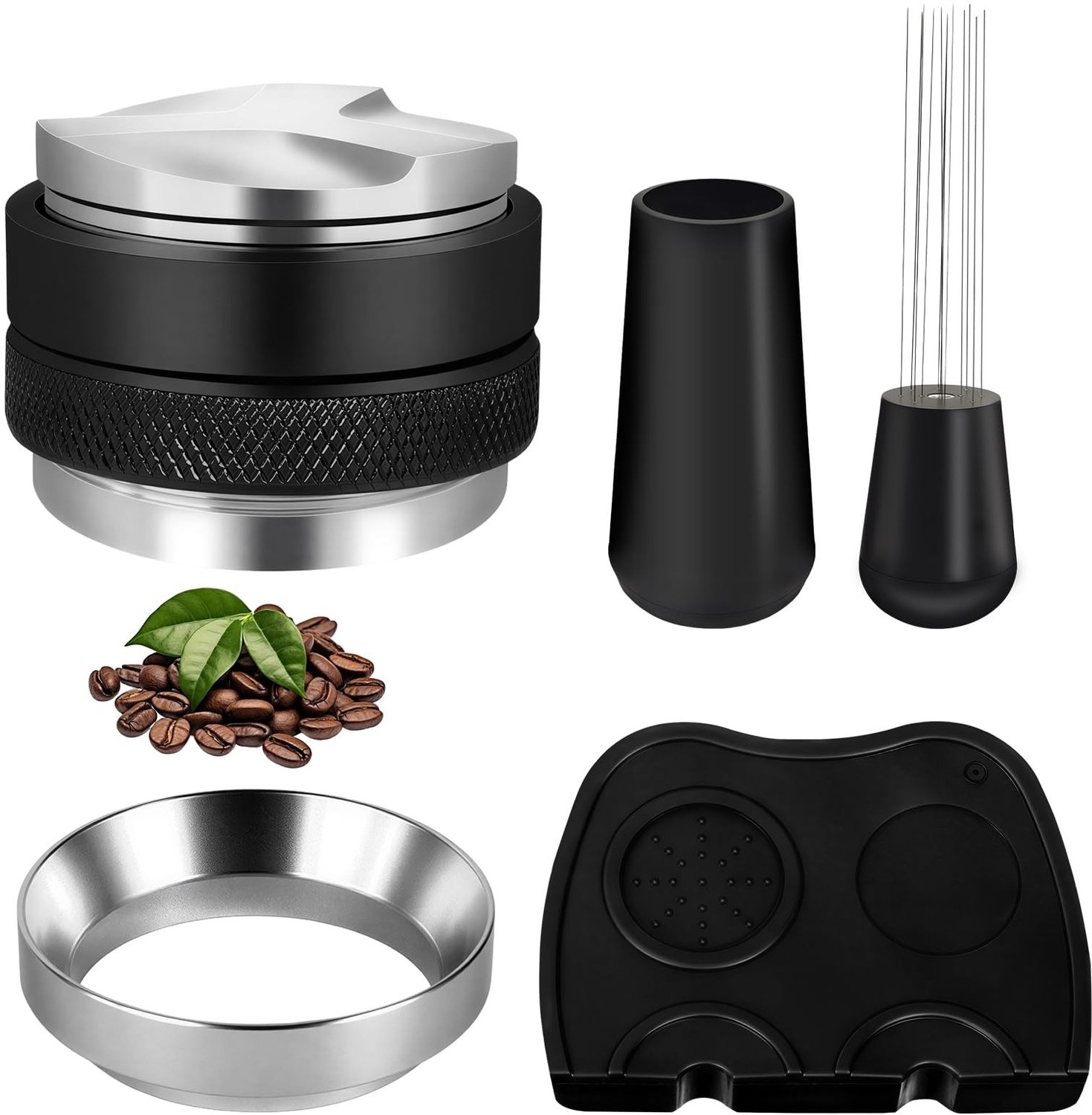 Barista-set 4-in-1 - Dispenser/niveau - Roerder WDT met naalden 0,35 mm - Magnetische doseerring - Siliconenmat - Voor thuis en professionele koffie - Koffiezetapparaat
