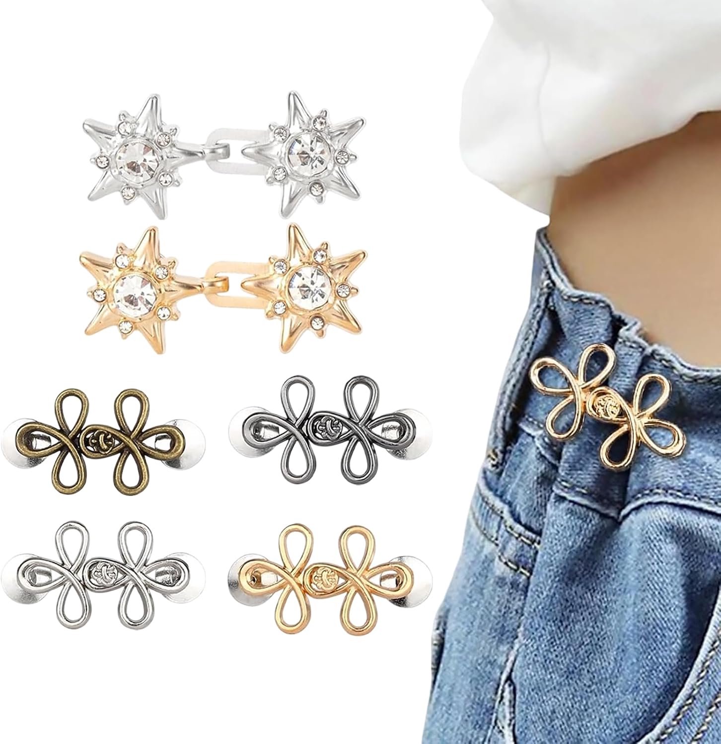 6 paar broekclips, verstelbaar en geen naaibroek, taille straffy, tailleknopen, jeansknopen, stiften, knoopspelden voor jeans en rok