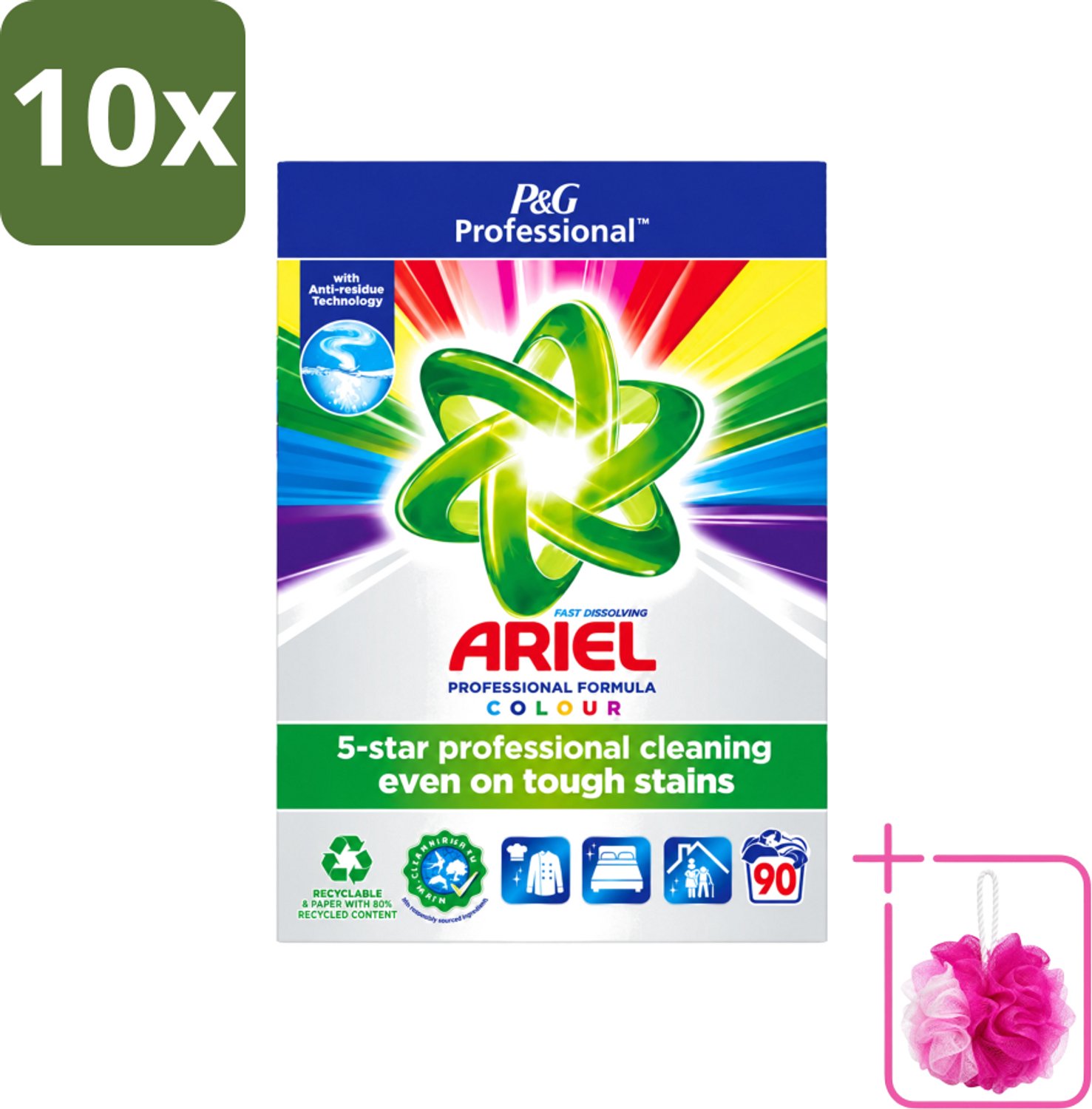 10 x Ariel Professional - Waspoeder - Gekleurde Was - 90 Wasbeurten - Bulkverpakking - Kleurverzorging - Douchemop - Waspoeder
