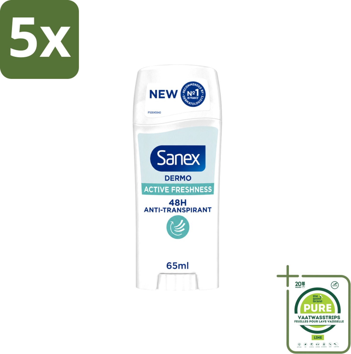 5 x Sanex – Deodorant Stick – Dermo Active Freshness – 65 ml - Grootverpakking - Vaatwasstrips - Deodorantstick - Frisheid - Huidbescherming - Zachte Textuur - Langdurige Frisheid