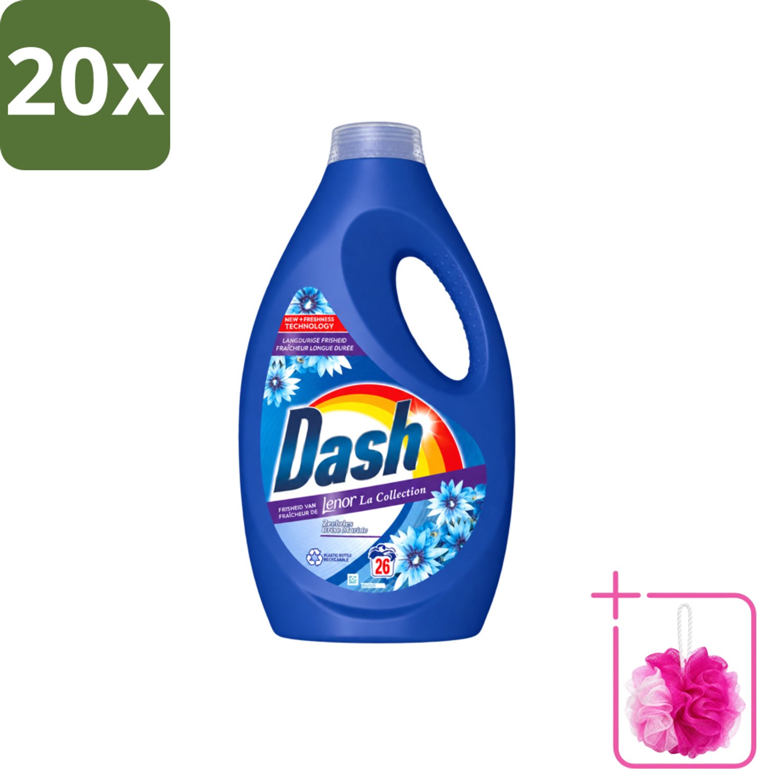 20 x Dash - Lenor Collectie - Vloeibaar Wasmiddel - Witte en Gekleurde Was - Zeebries - 26 Wasbeurten - Bulkverpakking - Wasmiddel - Douchemop - Was