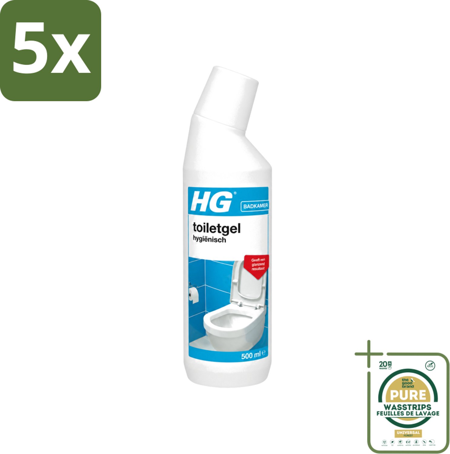 5 x HG - Badkamer - Toiletgel Hygiënisch - Geeft Een Glanzend Resultaat - 500 ml - Wasstrips - Toiletgel - Hygiëne - Reinigen - Kalkaanslag - Vuil