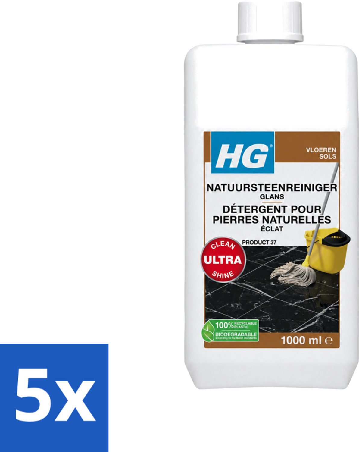 5 x HG - Natuursteenreiniger Glans - Ultra Glans - 20 Dweilbeurten - 1L - Voordeelverpakking - 5 stuks