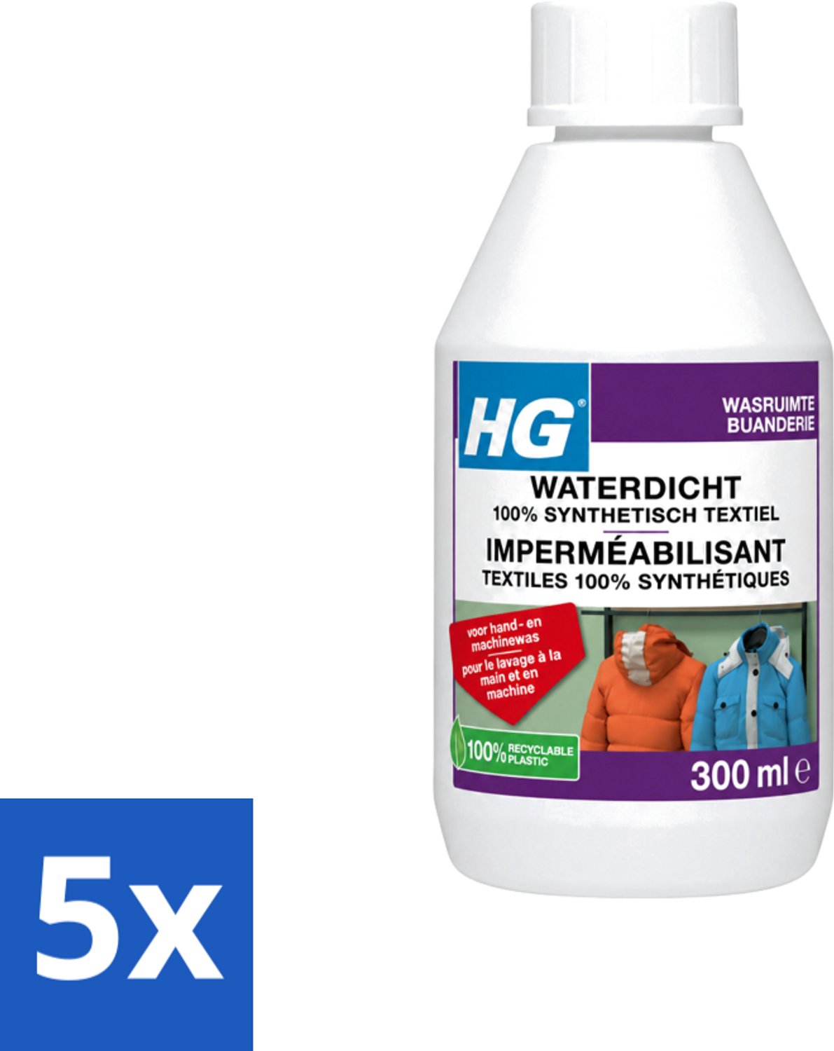5 x HG - Wasruimte - Waterdicht 100% Synthetisch Textiel - Voor Hand & Machine Was - 300 ml - Voordeelverpakking - 5 stuks