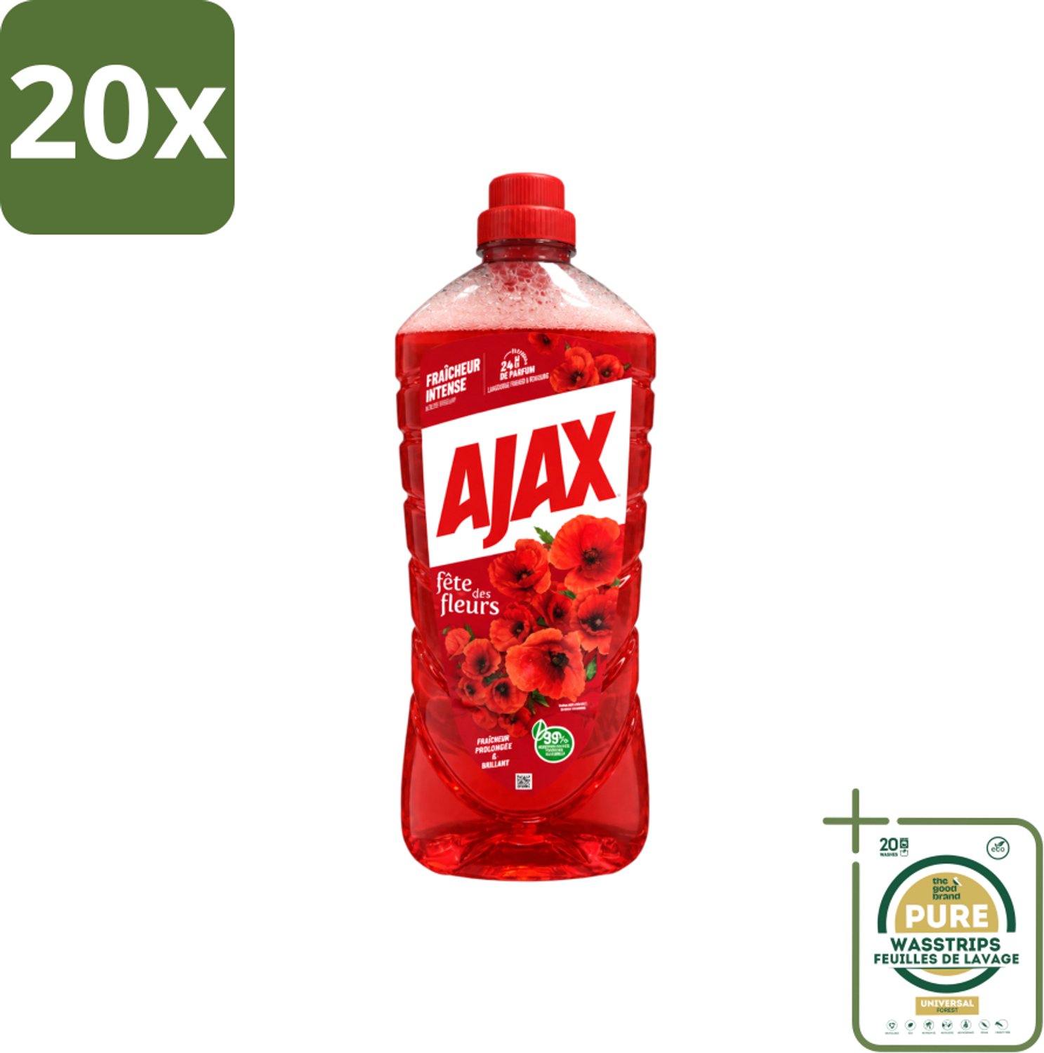 20 x Ajax – Allesreiniger – Rode Bloemen – 1,25 L - Wasstrips - Allesreiniger Rode Bloemen - Reiniger 1.25 L - Bloemengeur Reiniger - Krachtige Reiniger - Huishoudelijke Reiniger