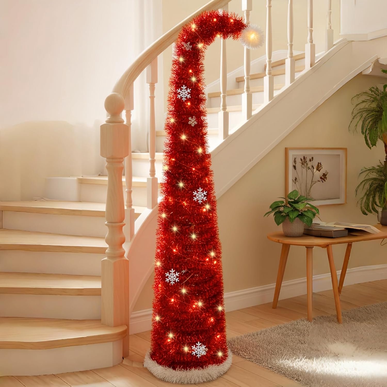 Kerstboom 150 cm rode kerstboom in kerstmuts-design met sneeuwvlokken – pop-up opvouwbare kerstboom voor kinderkamer, entree, speelplaats, grappige kerstdecoratie