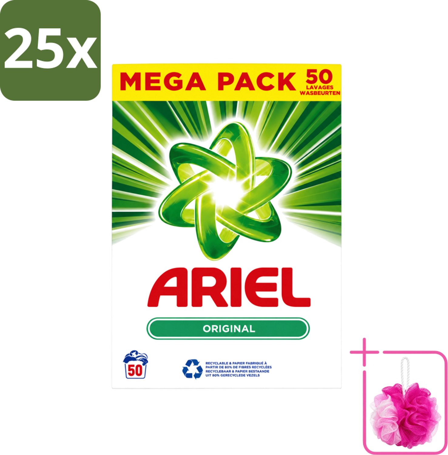 25 x Ariel Original - Waspoeder - Witte en Lichtgekleurde Was - 50 Wasbeurten - Bulkverpakking - Waspoeder - Douchemop - Reiniging