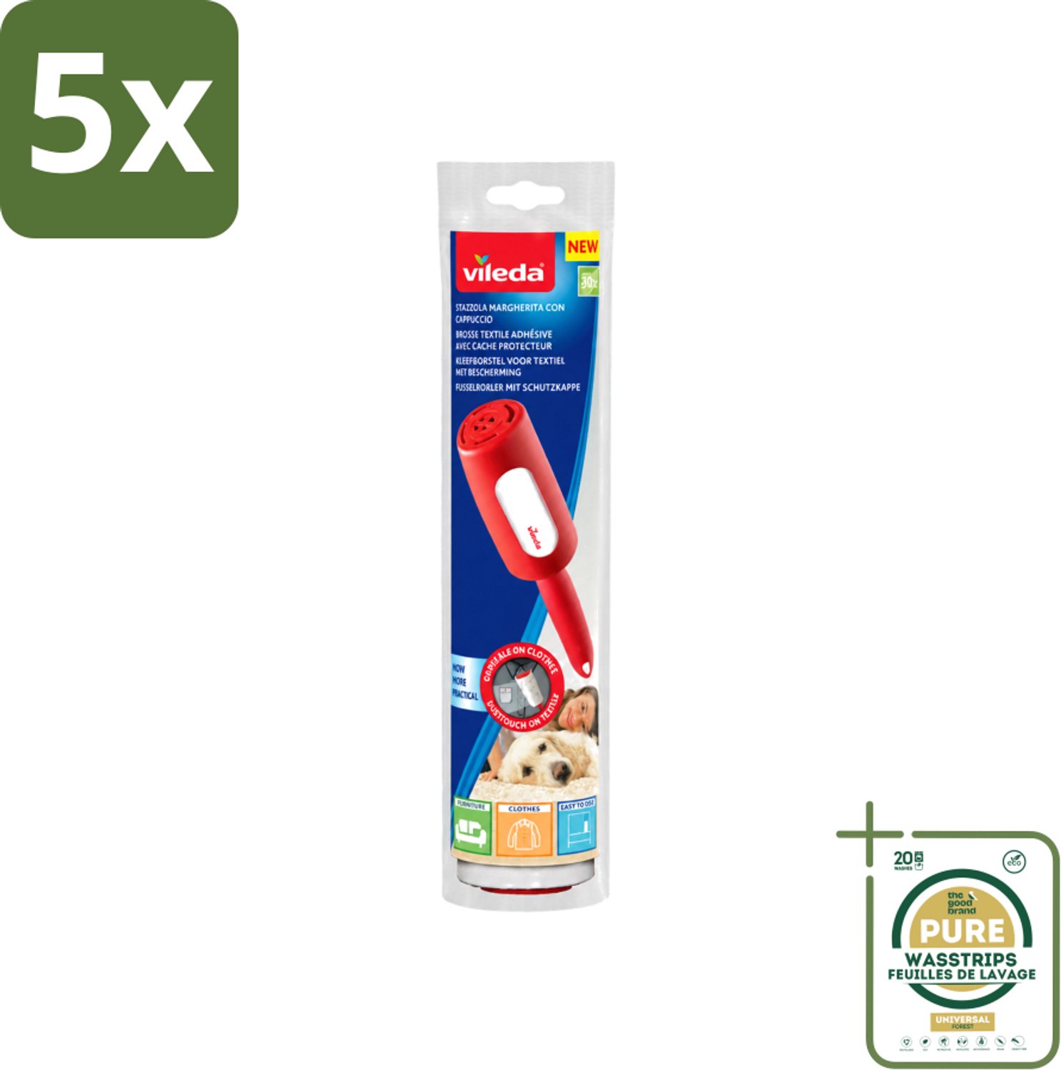 5 x Vileda - Lintroller - Pluisverwijderaar - Inclusief Beschermkap - 30 Vellen - Wasstrips - Pluisverwijderaar - Pluisjes Verwijderen - Stofdeeltjes Verwijderen - Haren Verwijderen - Textiel Reinigen
