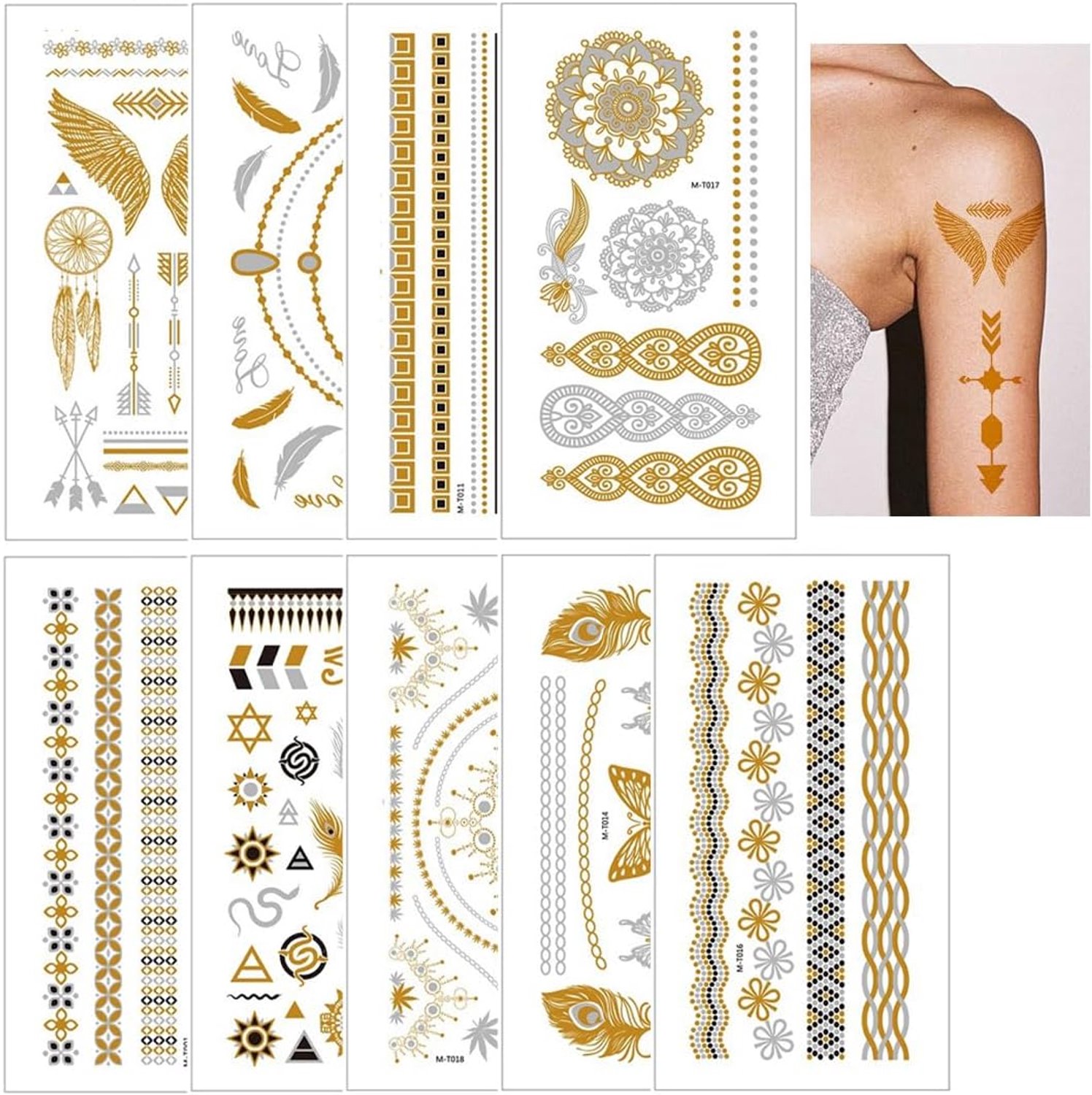 Flash-tatoeages in goud, 9 vellen 110+ festivaltatoeages, goud, metallic tijdelijke tatoeages, tijdelijke tatoeages, tijdelijke tatoeages, tijdelijke tatoeages, festivalaccessoires