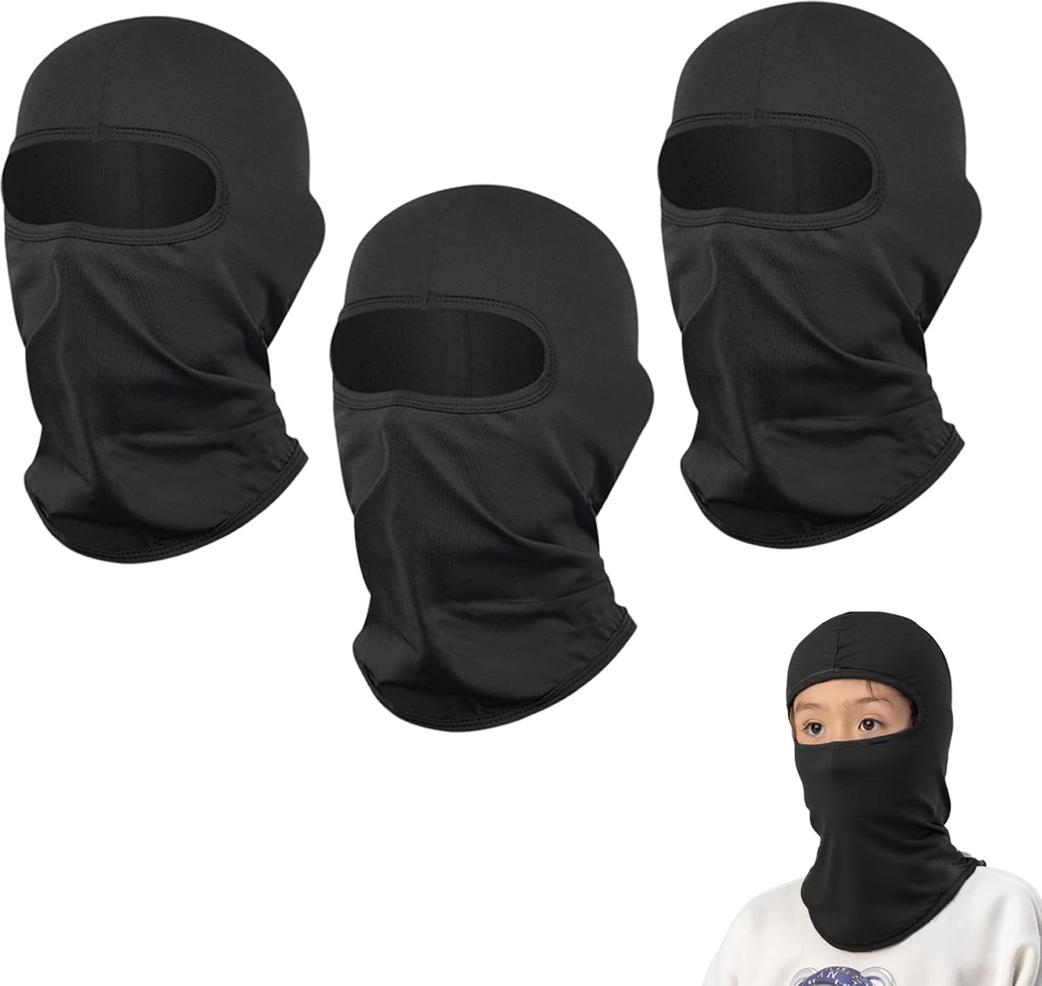 3 stuks bivakmuts voor kinderen, thermische wintermuts met balaclava onderhelm, zomersjaal voor fietsski, skimasker voor jongens meisjes, winddicht, uv-bescherming (zwart)