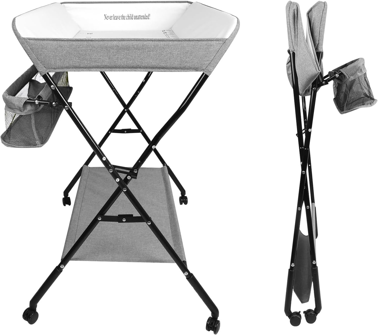 Luiertafel, luiertafel met opbergmand, veiligheidsgordel + 4 wielen met rem, in hoogte verstelbaar (98-104 cm), waterdicht pvc + Oxford-stof (C, grijs)