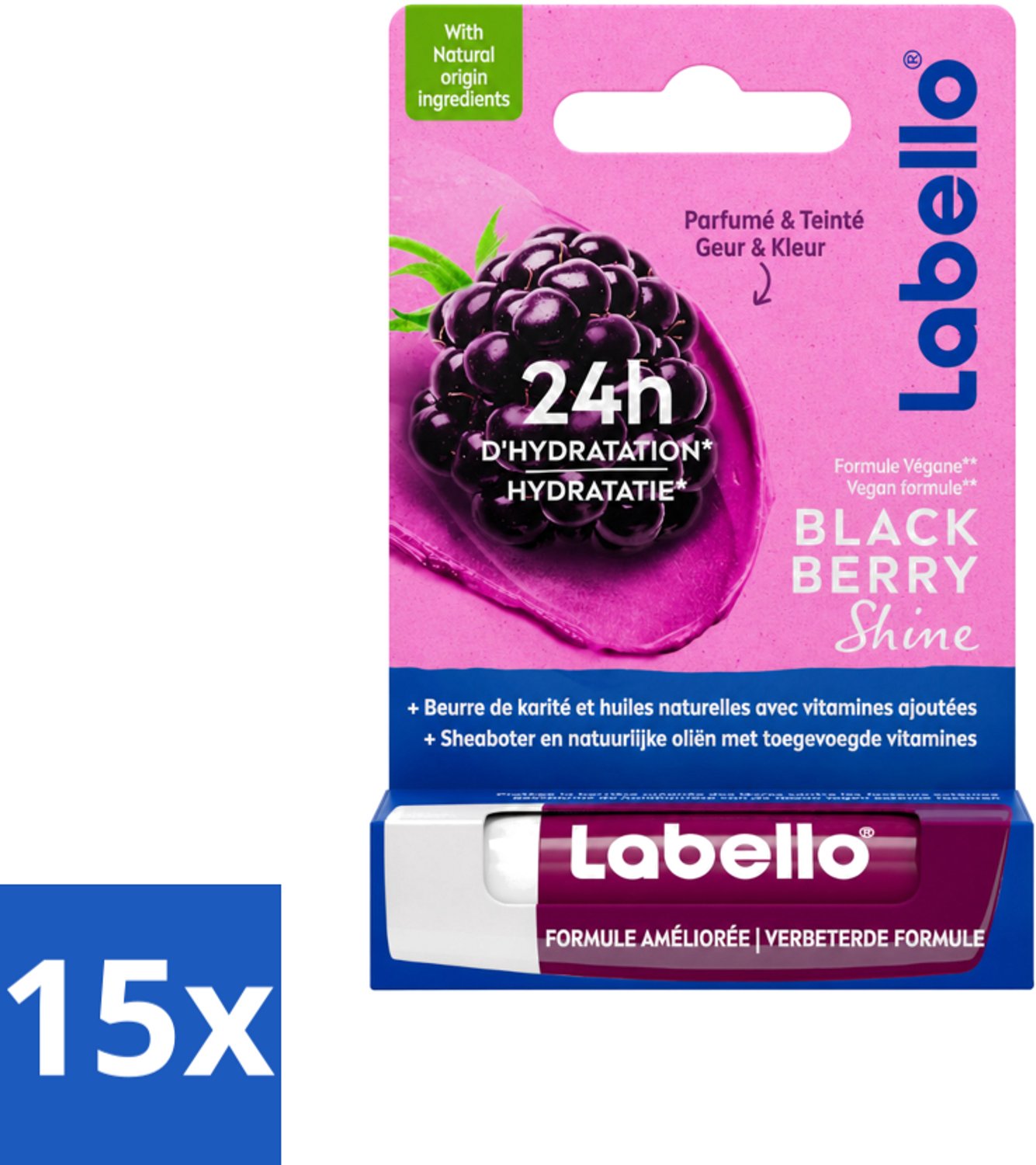 15 x Labello – Lippenbalsem – Blackberry Shine – Lippenbalsem – Shea Boter & Jojoba Olie – 5,5 ml - Voordeelverpakking - 15 stuks