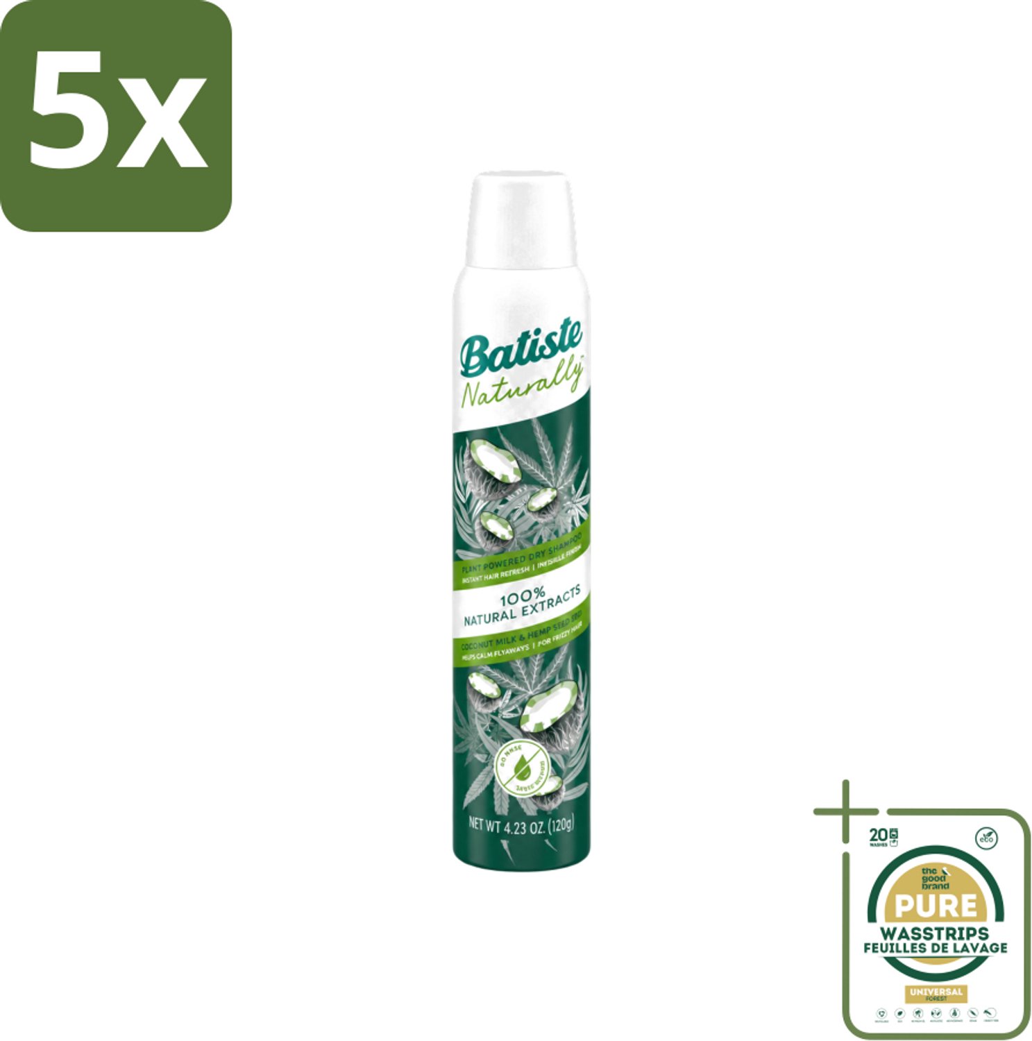 5 x Batiste - Naturally Coconut Milk & Hemp Seed Oil - Droogshampoo - Anti-Pluis en Verfrist - 100% Natuurlijk - 200ml - Wasstrips - Droogshampoo - Anti-pluis - Haarverzorging - Natuurlijk Haar - Kokosmelk