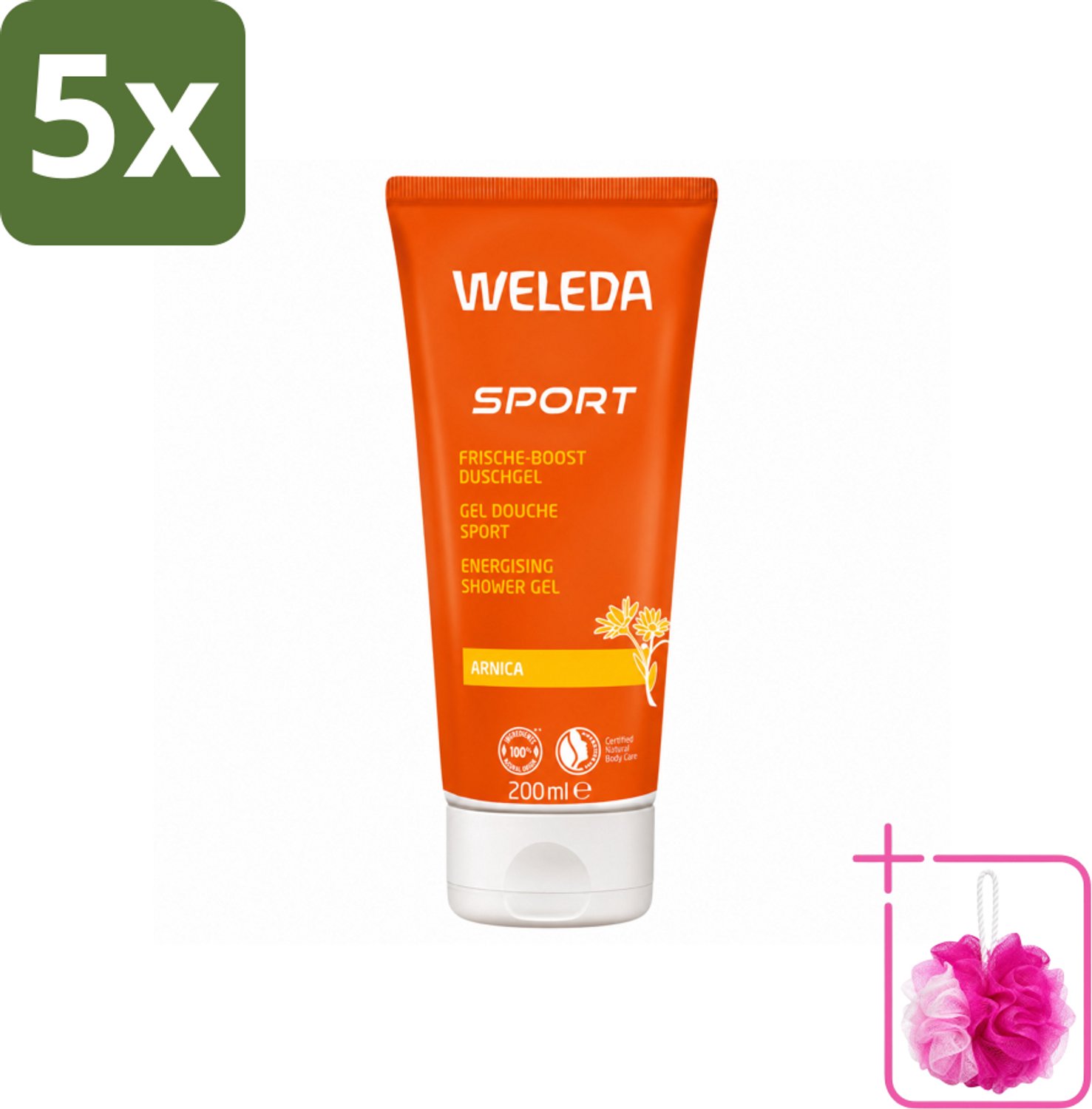 5 x WELEDA - Douchegel Sport - Arnica - 200 ml - Bulkverpakking - Sportdouchegel - Douchemop - Herstel