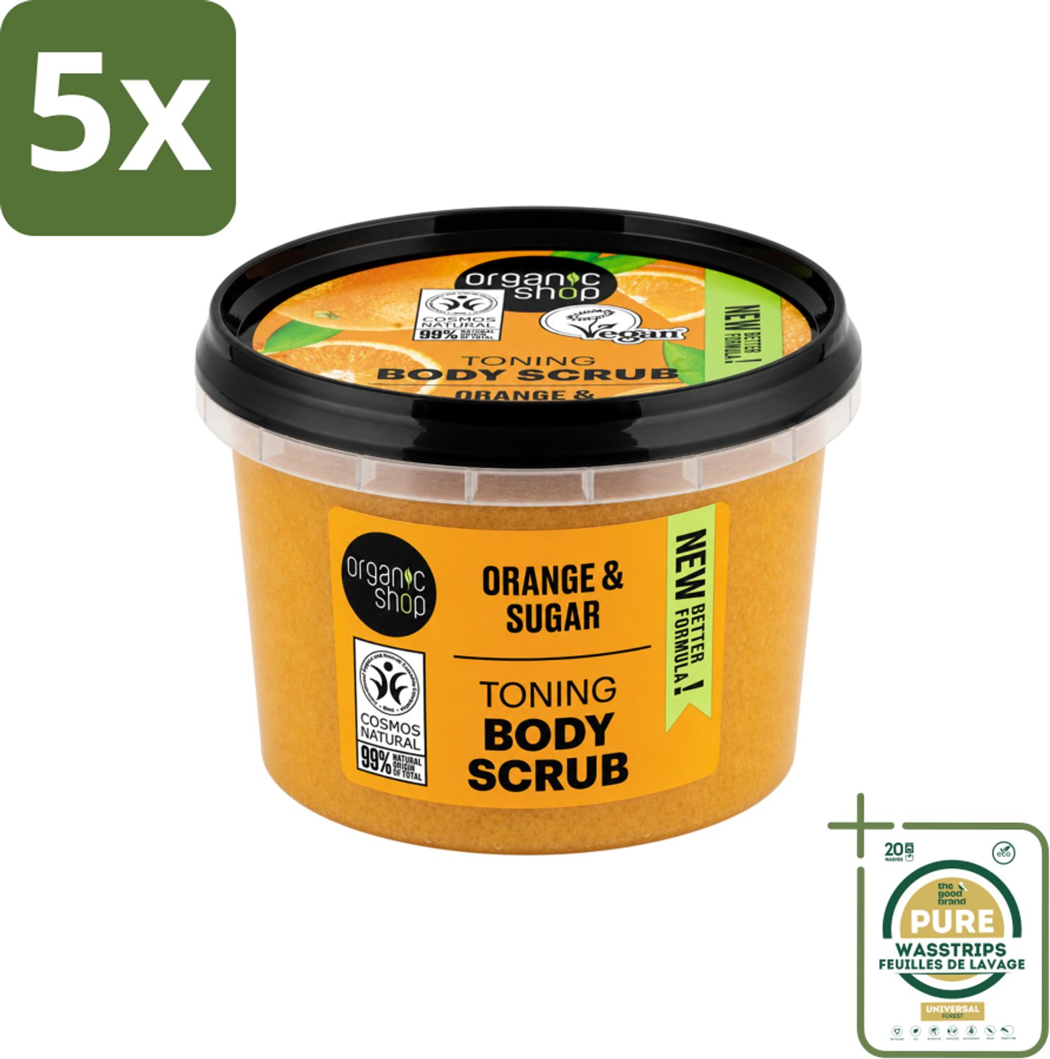 5 x Organic Shop - Body Scrub Orange - Verzorgend en Geurend - 250 ml - Wasstrips - Bodyscrub - Huidverzorging - Exfoliatie - Sinaasappelolie - Natuurlijke Huidverzorging