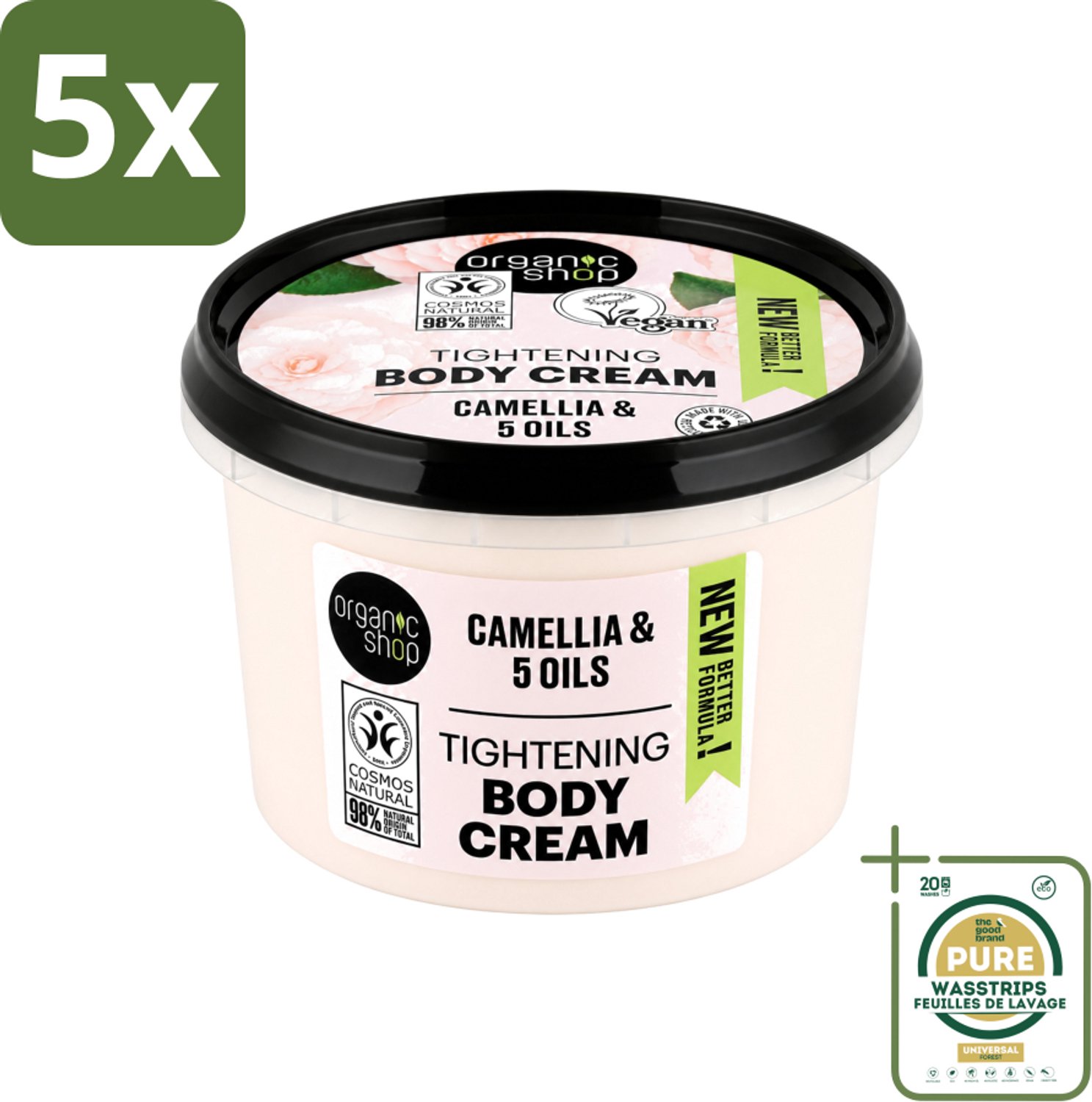 5 x Organic Shop - Organic Camellia & 5 Oils Body Cream - Verzachtend en Hydraterend - 250 ml - Wasstrips - Huidverzorging - Hydraterende Crème - Verzachtende Crème - Droge Huid - Natuurlijke Crème