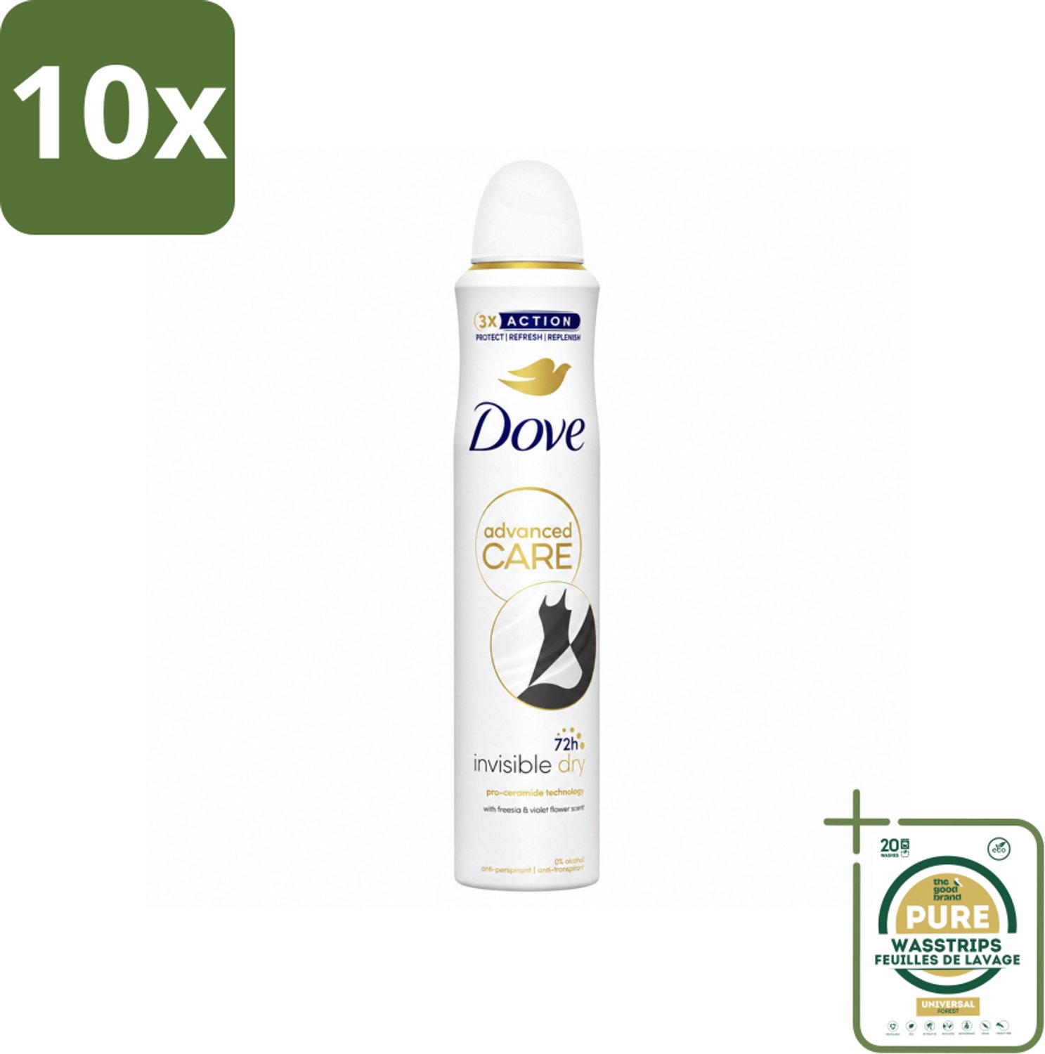 10 x Dove Deodorant Spray - Invisible Dry - 200 ml - Wasstrips - Deodorant Spray - Onzichtbare Bescherming - Anti-Sweat - Geur - Okselbescherming