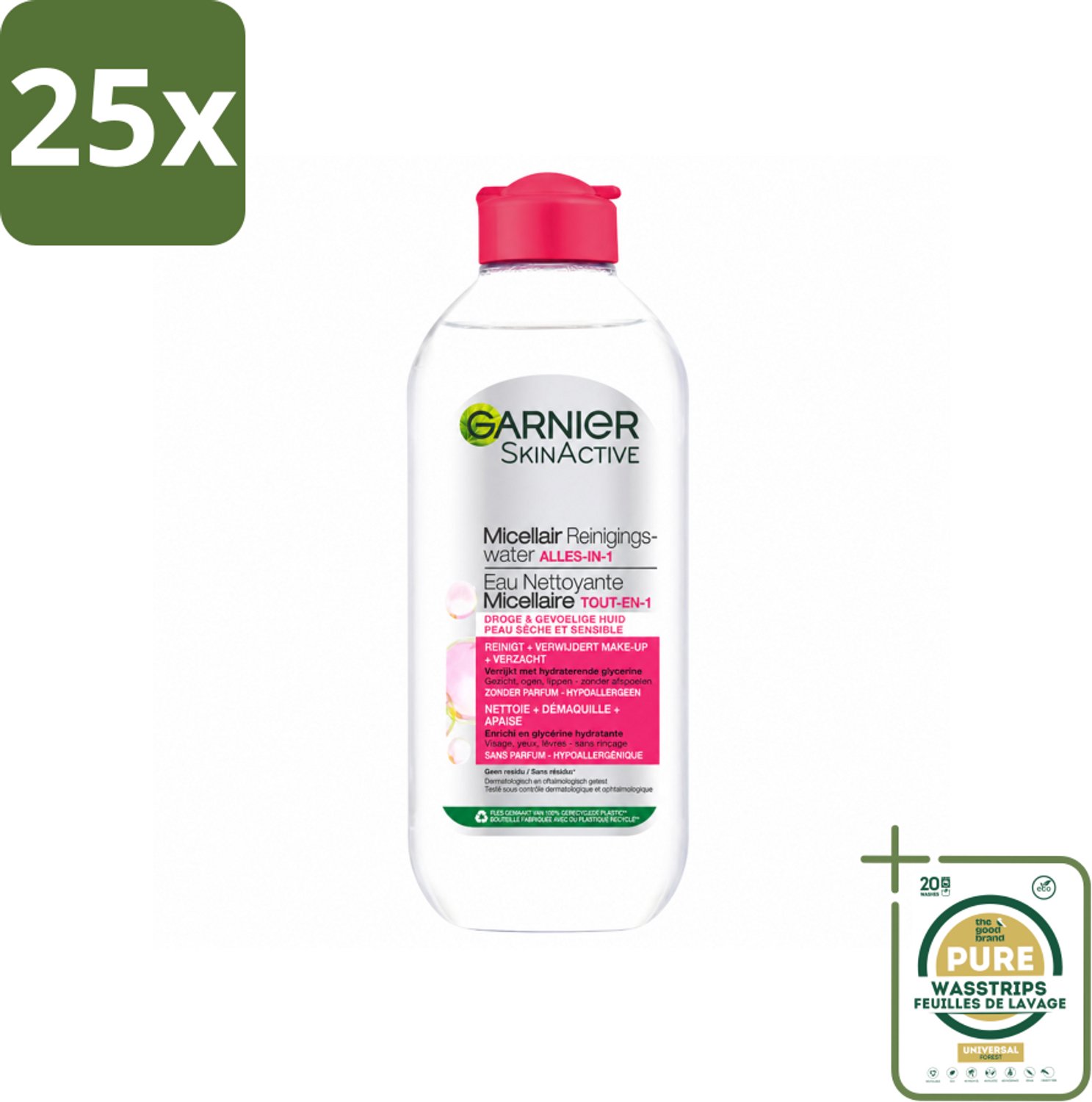 25 x Garnier - SkinActive - Micellair Reinigingswater - Droge & Gevoelige Huid - Hydraterend & Reinigend - 400 ml - Wasstrips - Micellair Reinigingswater - Droge Huid - Gevoelige Huid - Make-up Verwijderen - Gezicht Reinigen