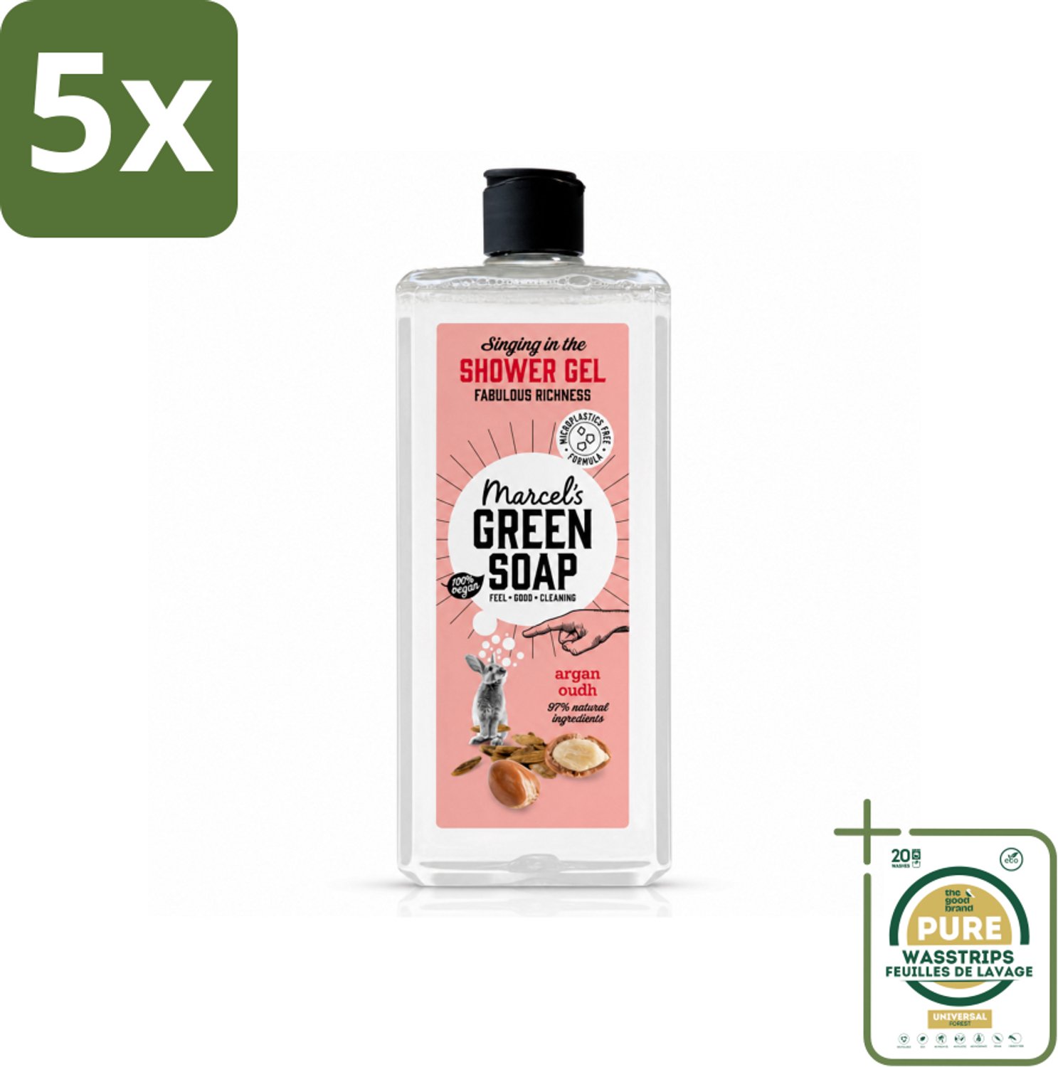 5 x Marcel's Green Soap - Douchegel - Argan & Oudh - Verzorgend & zacht - 300 ml - Wasstrips - Douchegel - Argan En Oudh - Natuurlijke Douchegel - Verzorgende Douchegel - Vegan Douchegel