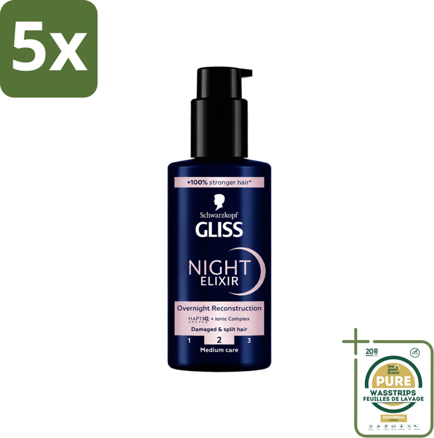 5 x Gliss - Haarserum - Night Elixer Overnight Reconstruction - Tegen Gespleten Haarpunten - 100 ml - Wasstrips - Haarschade - Gespleten Haarpunten - Nachtserum - Haarherstel - Haarverzegeling