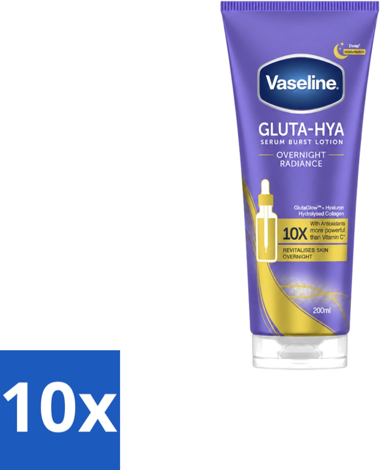 10 x Vaseline – Gluta-Hya Serum – Overnight Radiance – 200 ml - Voordeelverpakking - 10 stuks