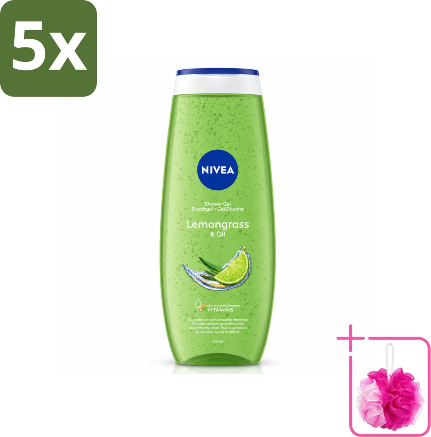 5 x NIVEA - Douchegel - Citroengras & Olieverzorging - Glad & Verfrissend Huidgevoel - 500 ml - Bulkverpakking - Douchegel - Douchemop - Natuurlijke oliën
