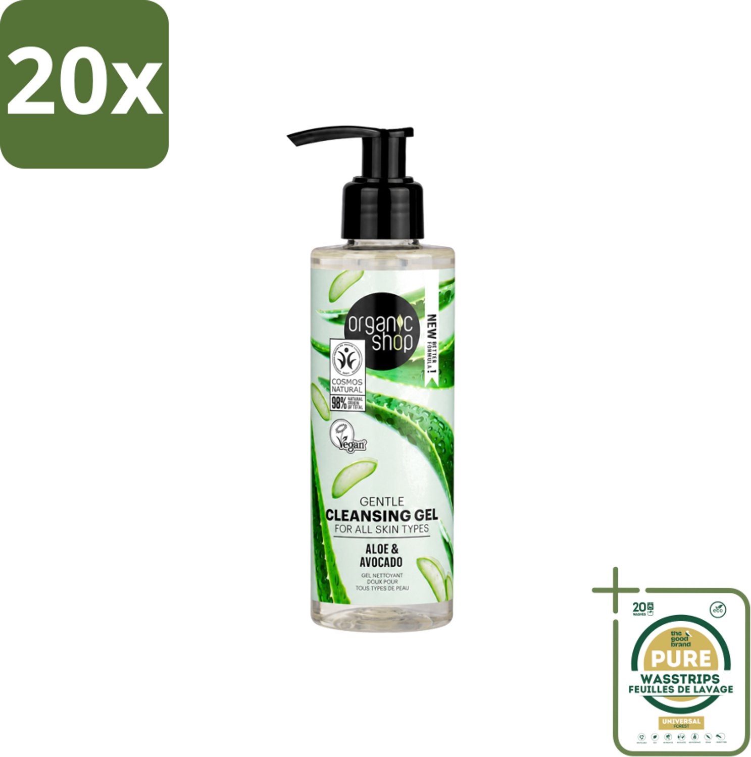 20 x Organic Shop - Cleansing Gel Avocado & Aloe - Verfrissend en Hydraterend - 200 ml - Wasstrips - Gezichtsreiniger - Natuurlijke Reiniger - Avocado-olie - Aloë-extract - Hydraterende Reiniger