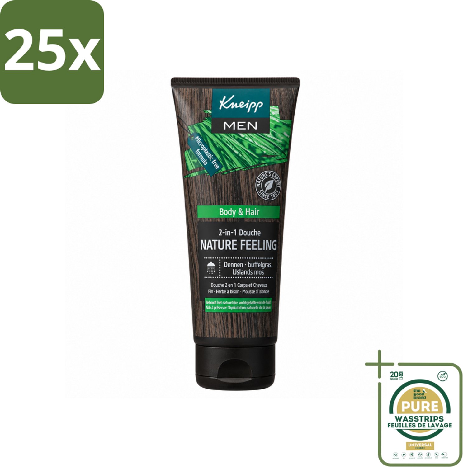 25 x Kneipp - Douchegel - Men - Nature Feeling - 2-in-1 - 200 ml - Wasstrips - Douchegel Voor Mannen - Natuurlijke Douchegel - Frisheid Na Sporten - Verzorging Voor Lichaam En Haar - Dennenolie