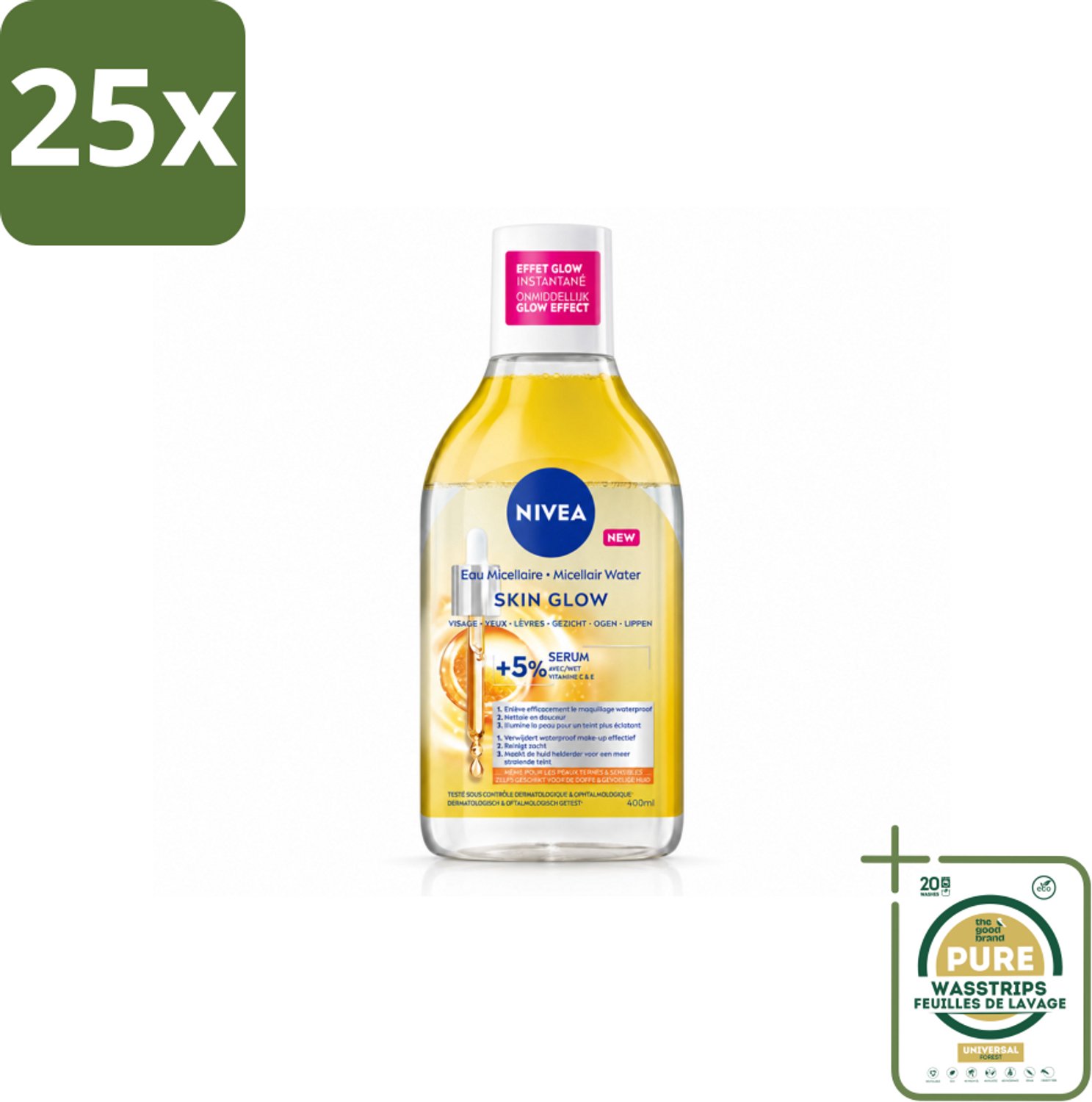 25 x NIVEA - Micellair Water - Serum Verrijkt Stralend - Verwijdert Waterbestendige Make-up - 400 ml - Wasstrips - Gevoelige Huid - Micellair Water - Stralende Huid - Reinigingsgel - Hydraterend